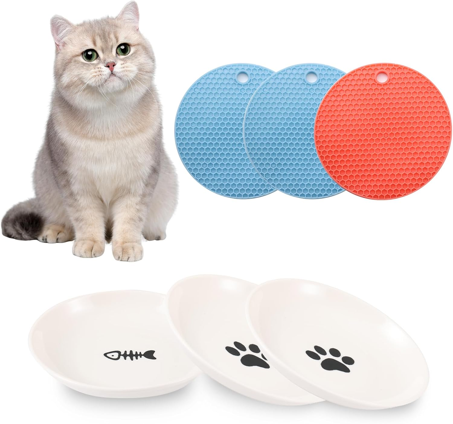 Cat Bowl, 1 Piece Ceramic Feeding Bowl with 1 Non-Slip Mat, Cat Bowl Set, Kitten Feeding Bowl, Wide and Flat Pet Feeding Bowl or Plate for Cats and Small Dogs