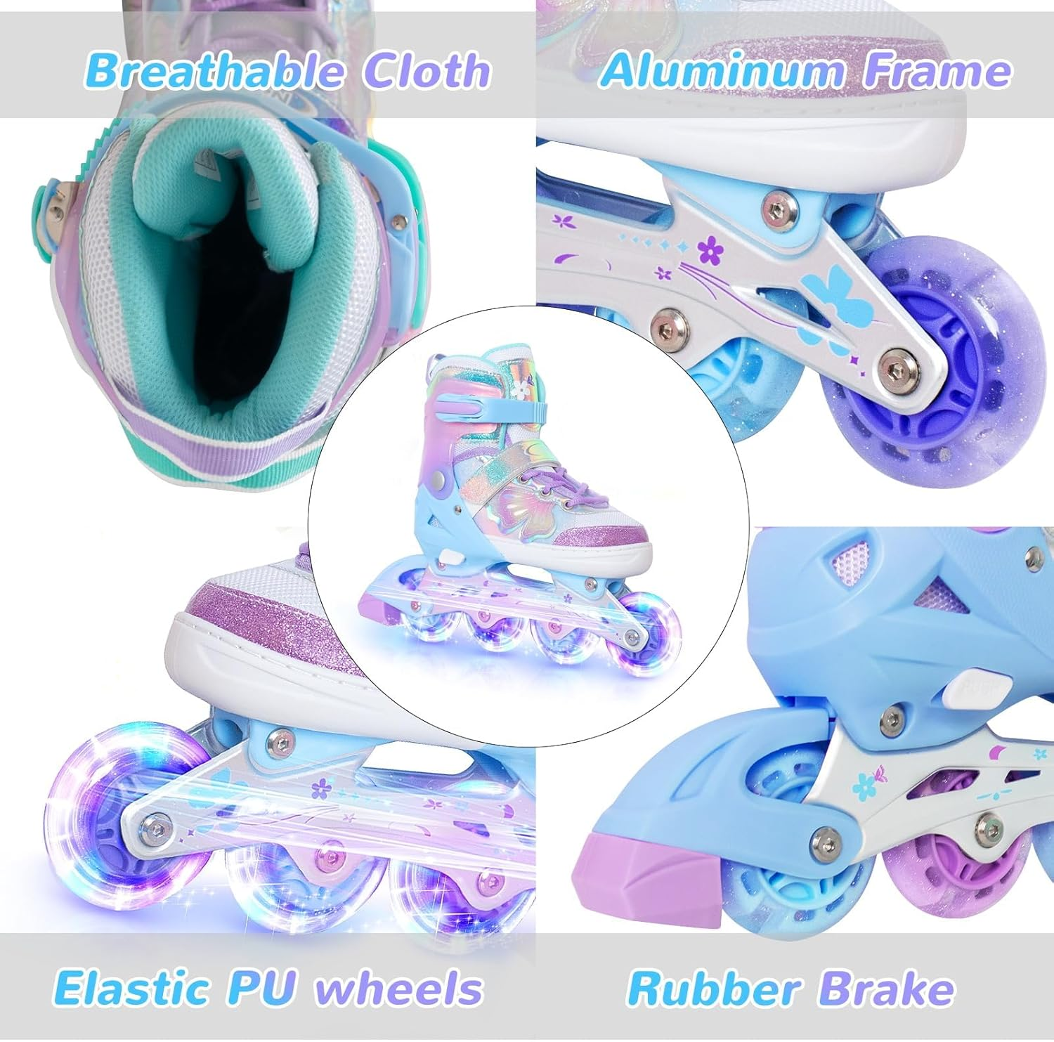 Nattork Kids Inline Skates Butterfly and Flower for Boys Girls Kids, 4 Sizes Adjustable Quad Skates with All Light up Wheels Indoor Outdoor Sports