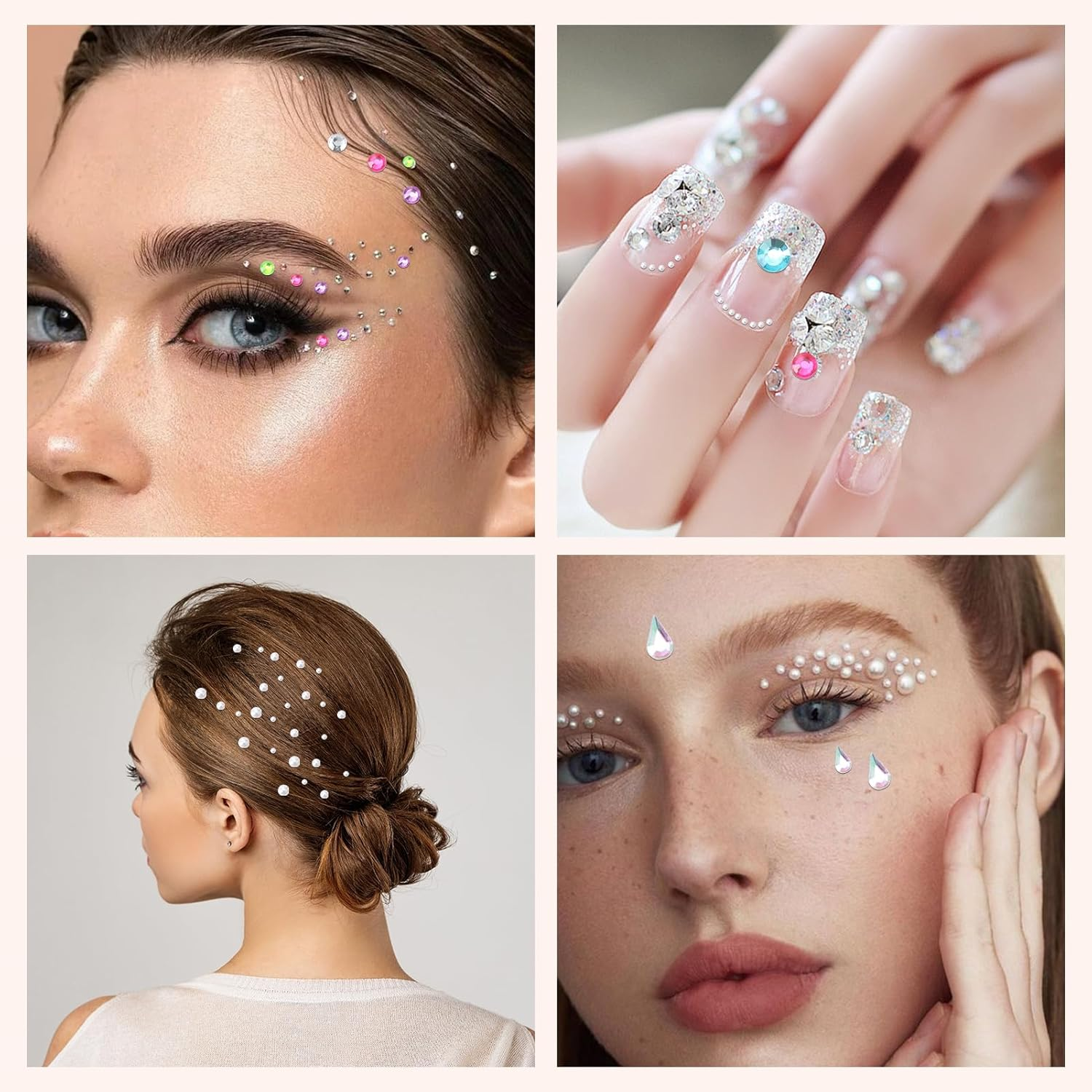 1000+ Self-Adhesive Face & Body Gems with Tweezer - Waterproof Rhinestone Stickers for Makeup, Festival, Nail Art & Crafts | Includes Pearls, Drops & Multi-Size Rhinestones + Precision Tool (4 Sheets) image number 3