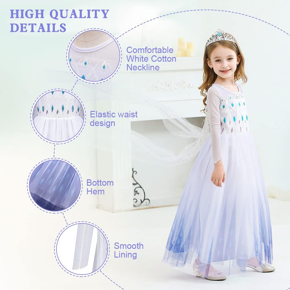 Princess Elsa Dress Costume, Luxury Princess Dress with Shining Long Cape, Snow Party Dress Elsa Princess Costume for Girls Toddler Cosplay Elsa Dress Up image number 6