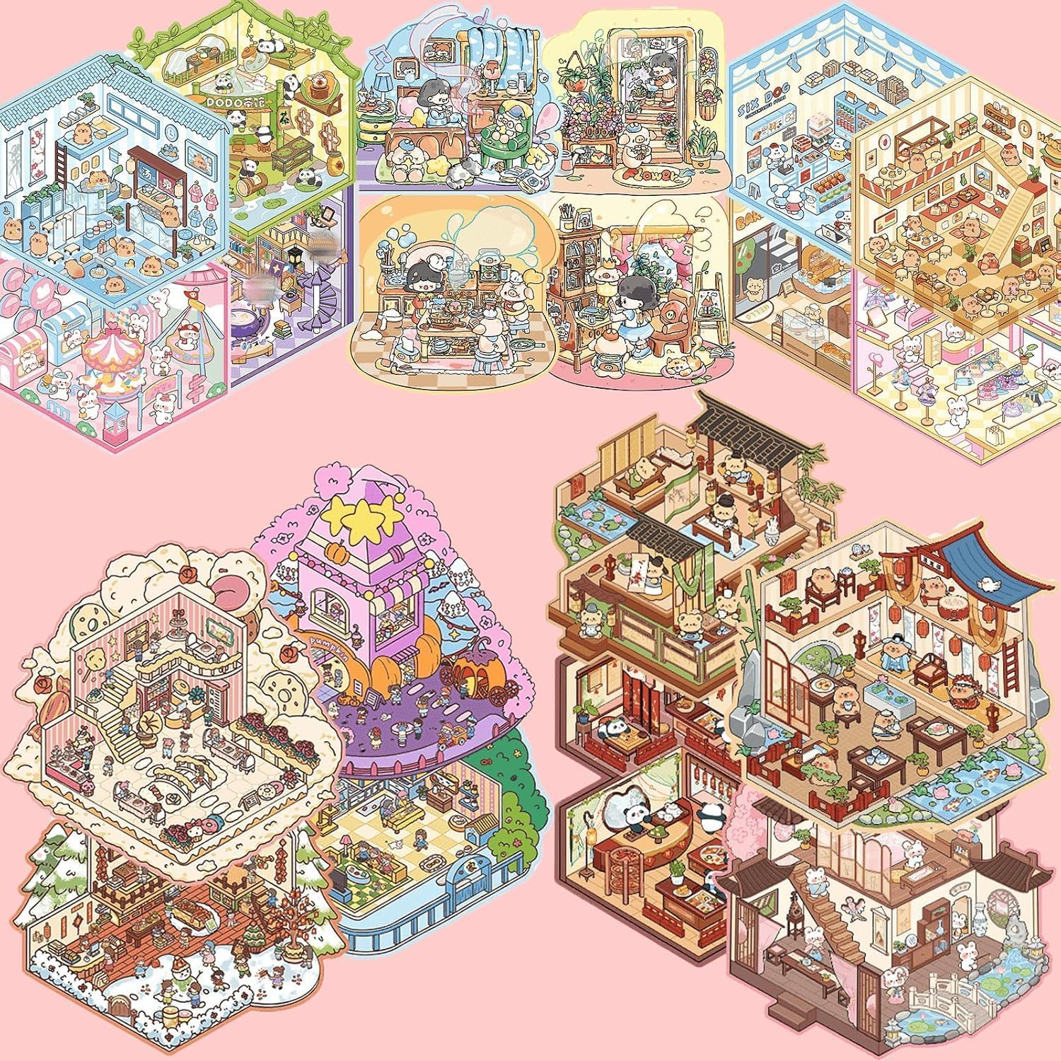 Sensogle DIY 3D Sticker Scene for Kids, 20 Sets Collection Book Scene Make Your Own Home, Supermarket, Music Bar, Cute 3D Cartoon Scene Stickers for Relief Stress Pass the Time - B image number 4