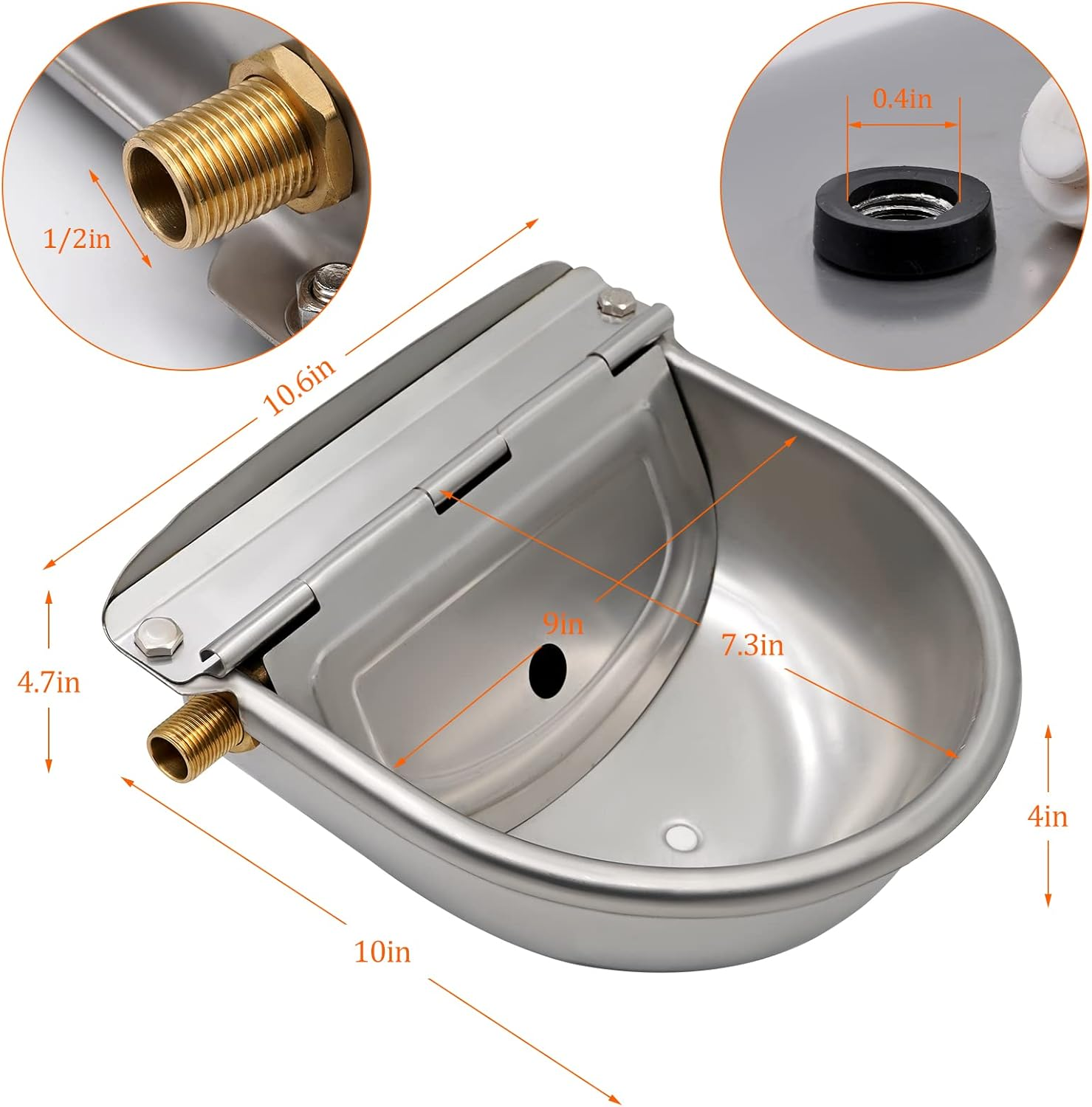 Stainless Steel Water Bowl with 1/2 Inch Brass Float Valve Dog Automatic Drinking Bowl with Drain Plug for Horse Dog Cattle Goat Sheep Pig image number 1
