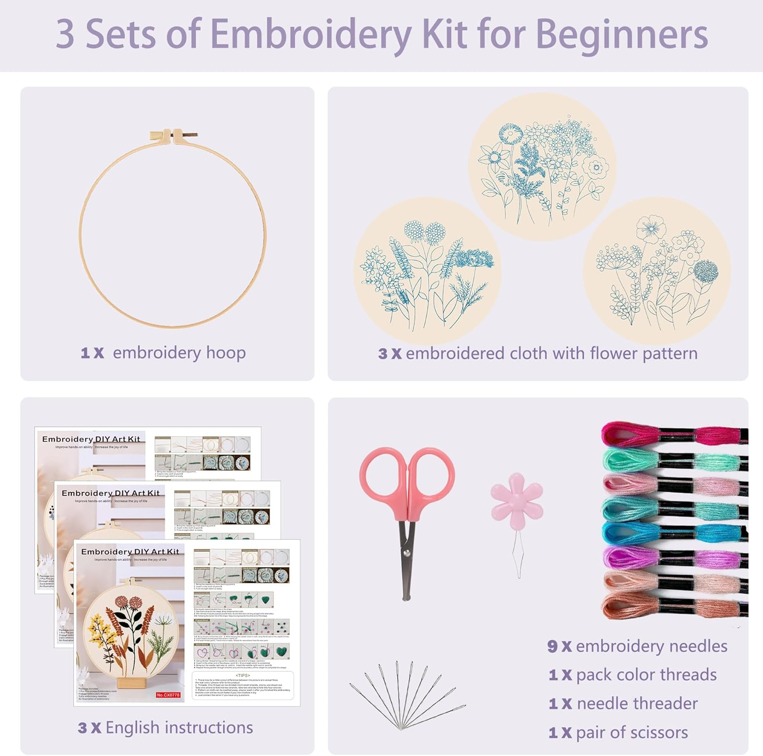 Offizon 3 PCS Embroidery Kit for Beginners - Floral Embroidery Accessories & Hoop Included, Hand Embroidery Kit for Adults Stitching Sewing Kit Gift | Flowera Patterns