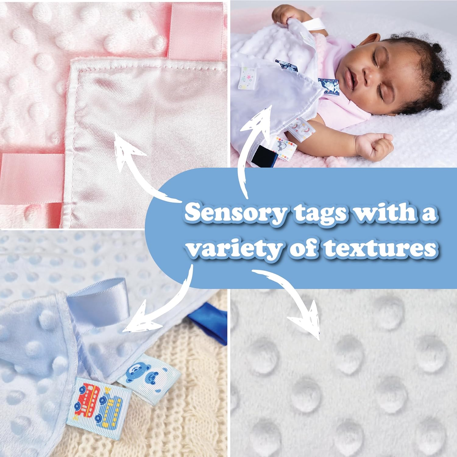 Soft Touch Taggie Dimple Comforter Baby Comfort Blanket with Sensory Tags and Bubble/Heart/Star/Foil Print Pattern (Dimple) (Pink, 35Cm X 35Cm) image number 3