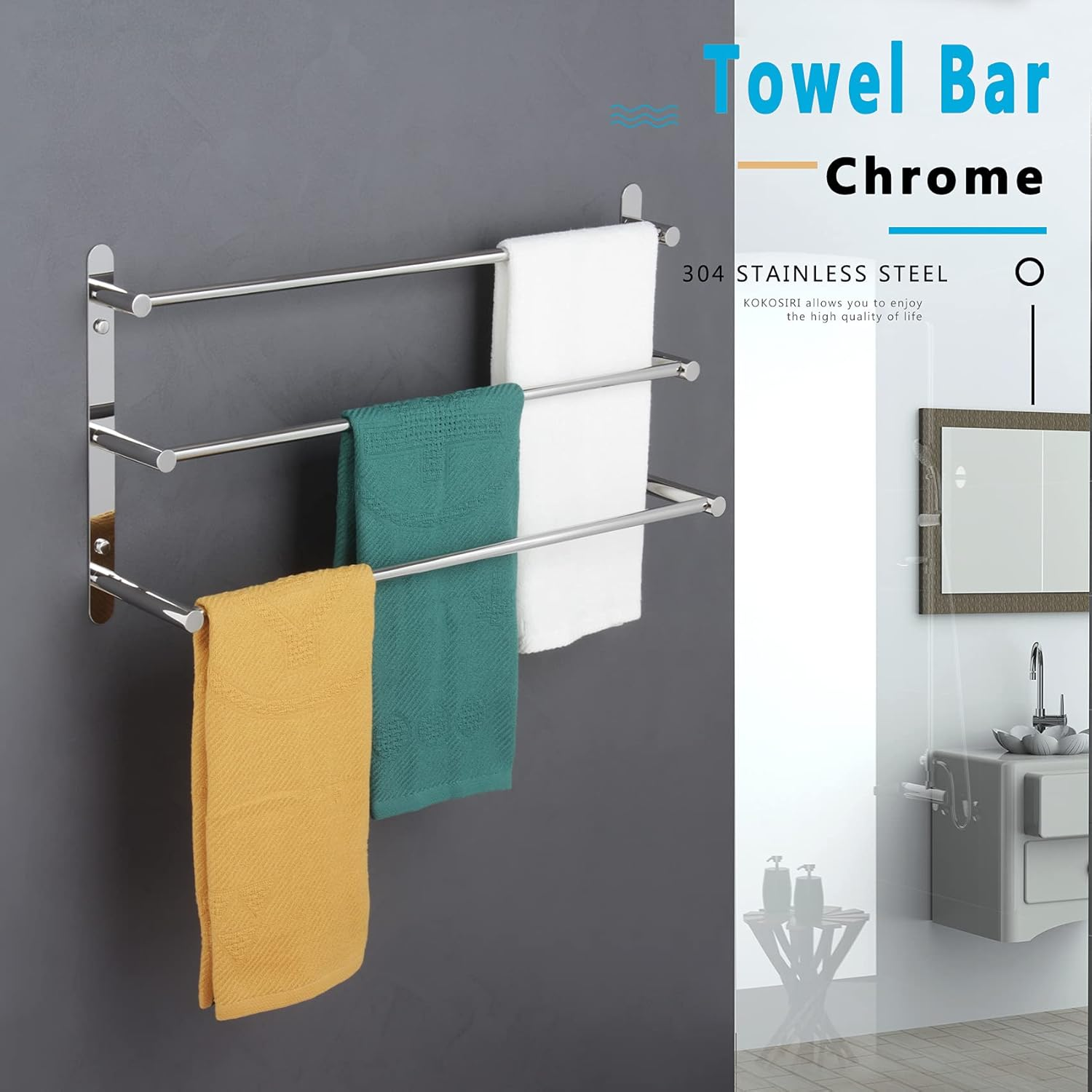 KOKOSIRI Bath Towel Bars Bathroom 3-Tiers Ladder Towel Rails Wall Mounted Towels Shelves Rack Stainless Steel, Polished Chrome, B5002CH image number 2