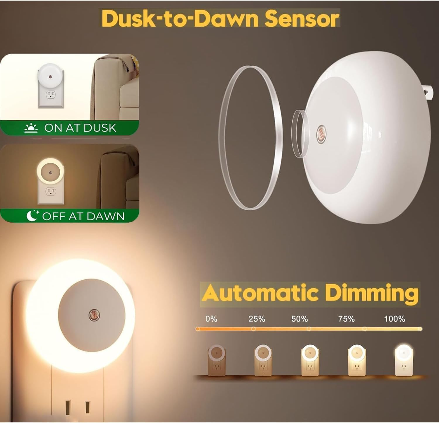 6 Pack Plug-In Night Lights with Dusk to Dawn Sensor, 0.5W Warm White LED Nightlights for Bedroom, Bathroom, Hallway, Kitchen, AU Plug image number 1