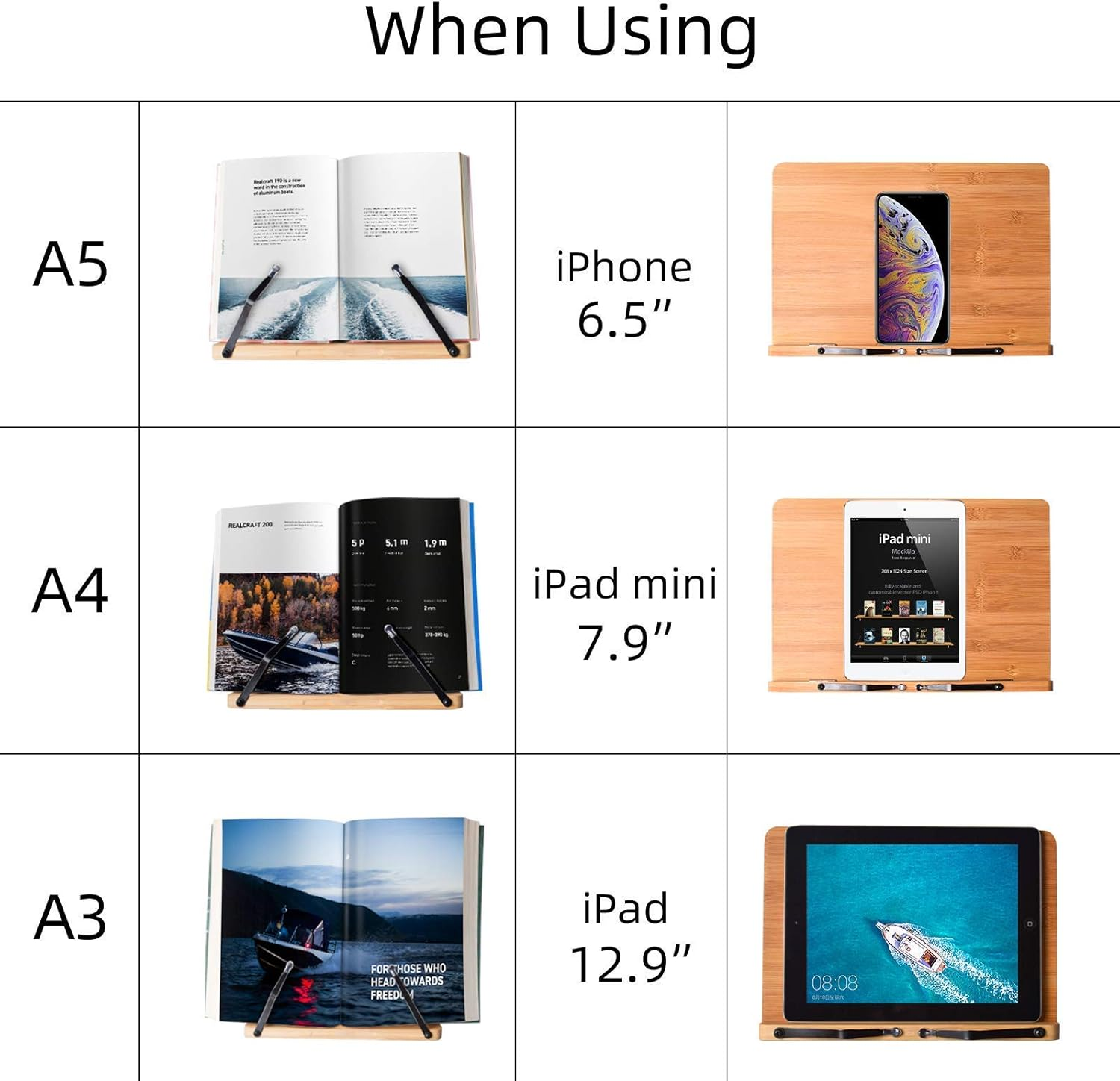 Wishacc Book Stand Height Adjustable - Upright Bamboo Book Stand & Holder for Reading Hands Free, Desktop Adjustable Reading Height and Angle Book Rest with Page Clips (11.0 X 8.1 Inches)