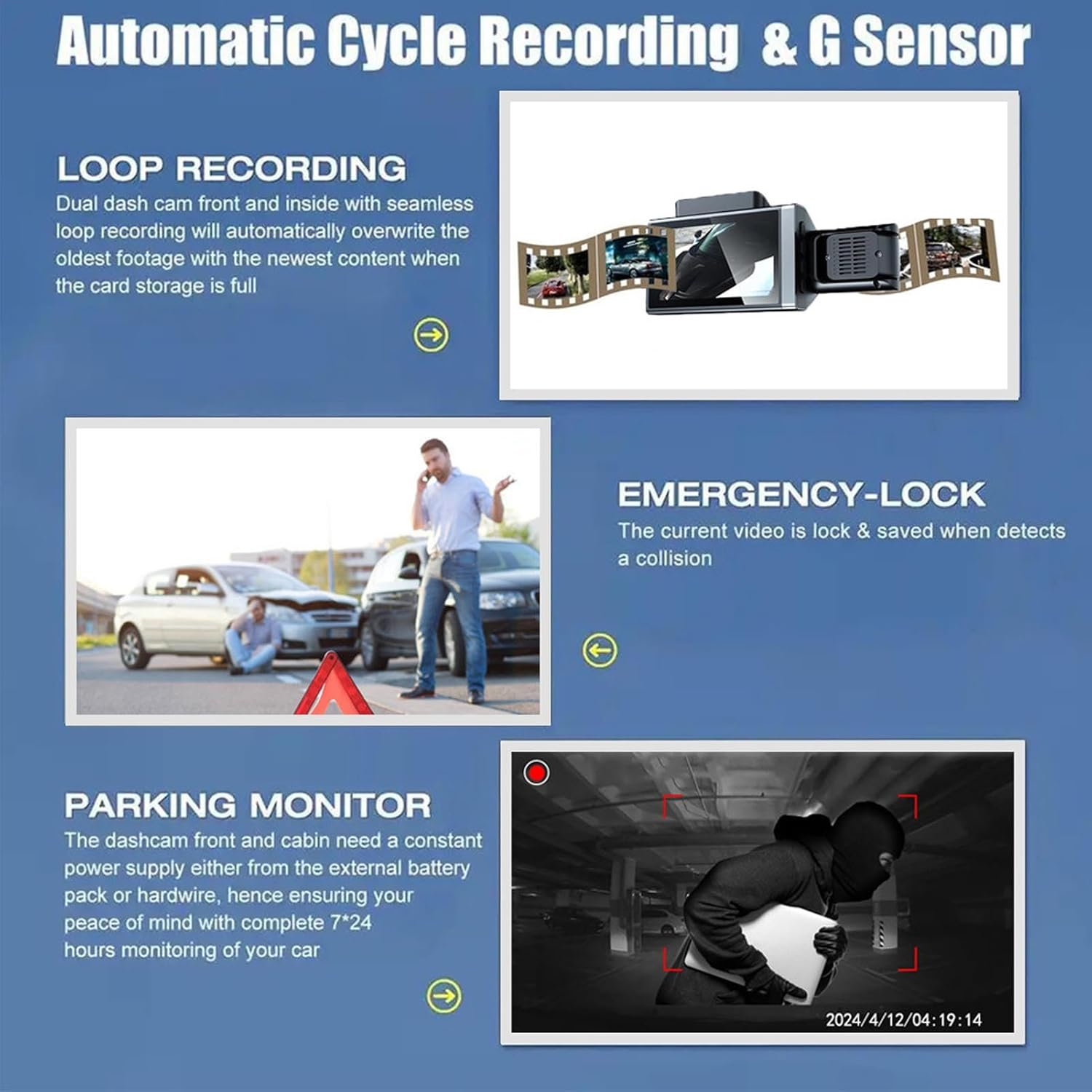 Dash Cam, 3 Channel Dash Cam, 3Inch 1080P HD Screen Night Vision Wide Angles Emergecy Lock Stop Triple Camera Driving Recorder image number 6