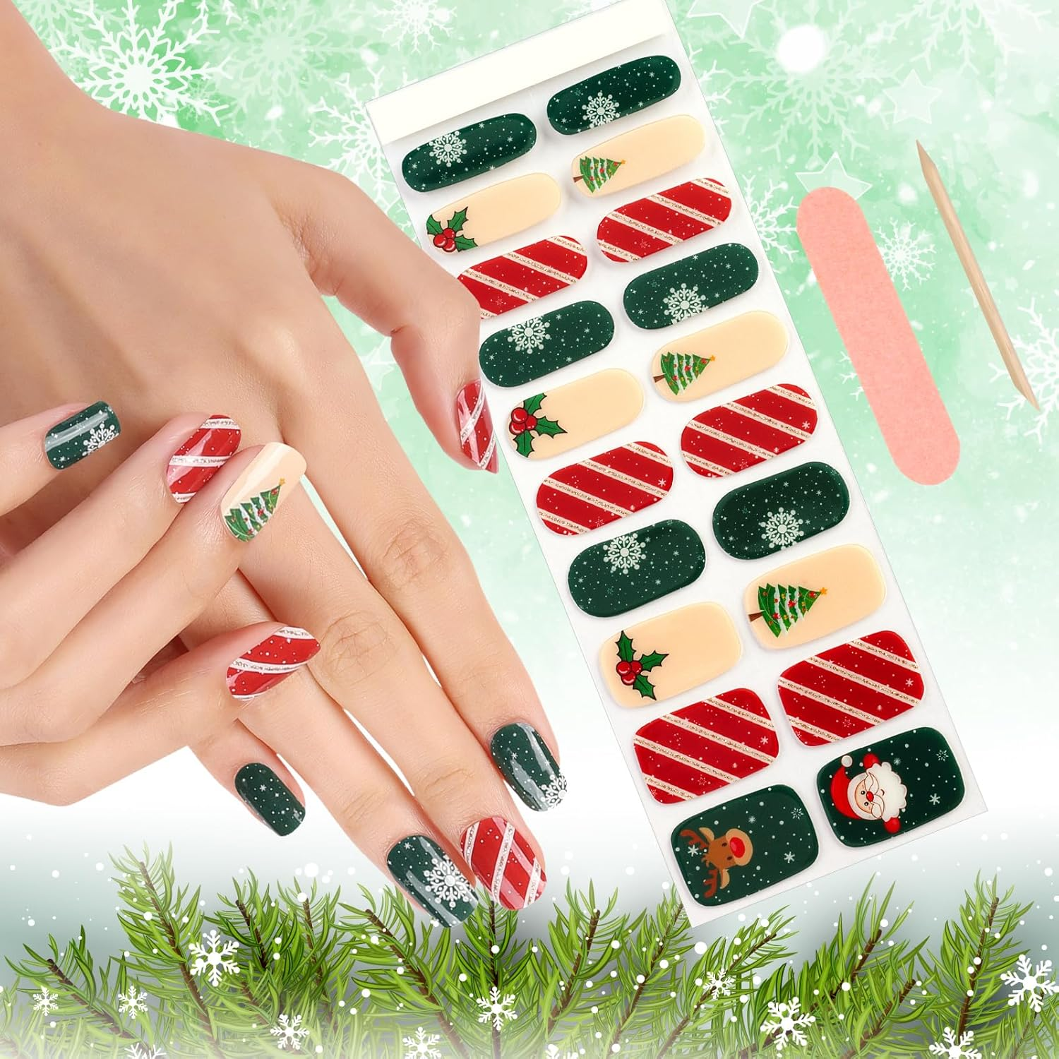 Kalolary Christmas Semi Cured Gel Nail Strips, Christmas Tree Full Wraps Stickers, Santa Claus Elk Real Gel Nail Polish Wraps New Year Nail Art Design for Women Girl