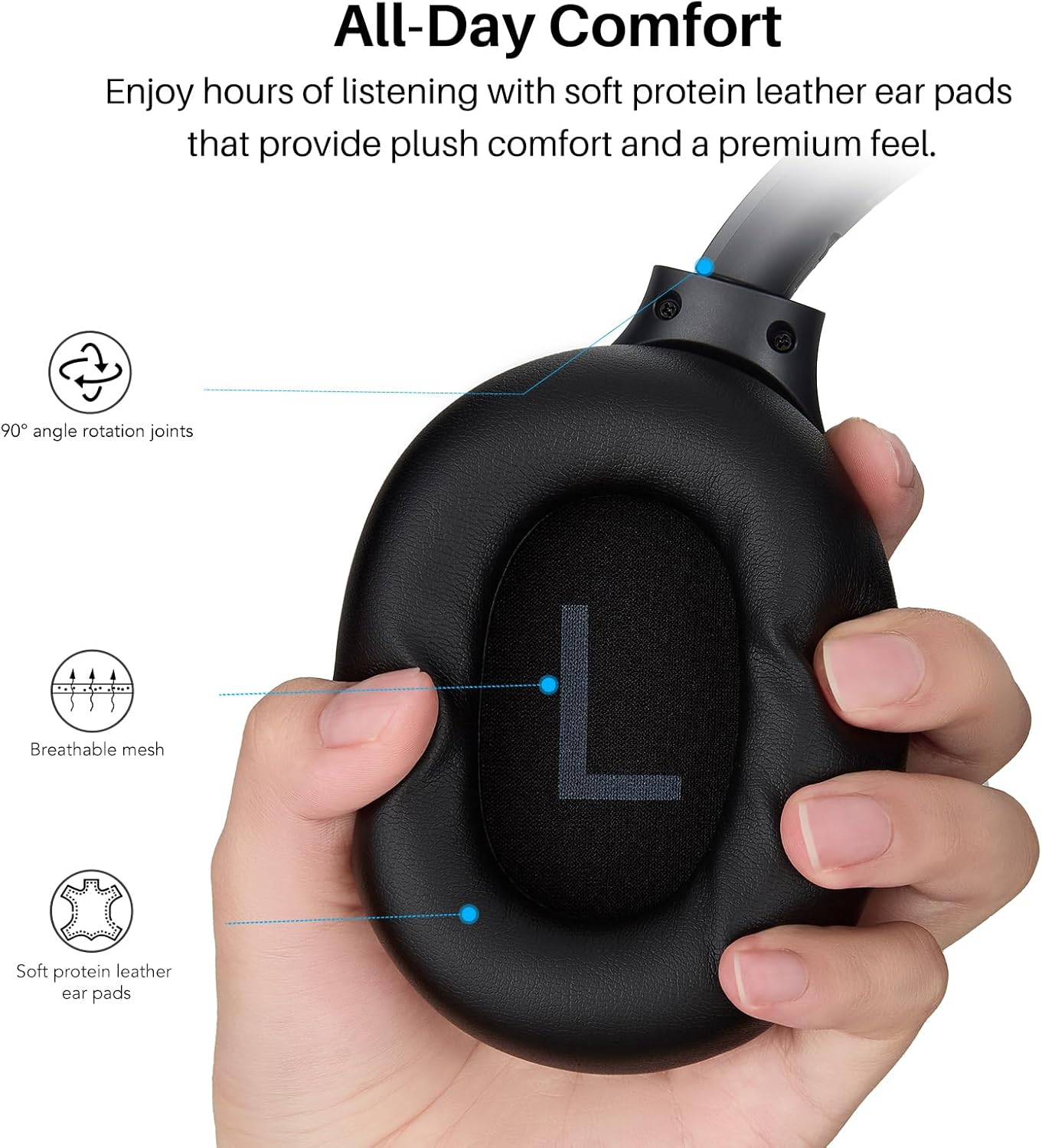 TOZO HT3 Hybrid Noise Cancelling Headphones, 90H Playtime Wireless over Ear Bluetooth Headset, Spatial Audio AI Chat with 5 Mics, Supports Dual Connection and USB-C Input, with 32 EQ Music Modes image number 2