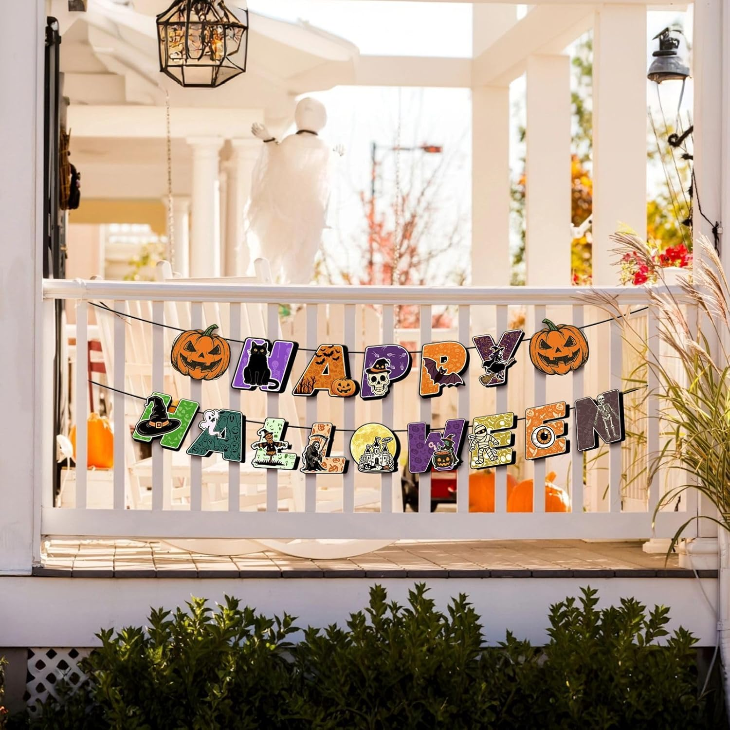 Halloween Party Decoration Banner Set, Glitter Pumpkin Garland and Happy Halloween Letter Banner, Indoor Wall Decor (Colorful One) image number 2