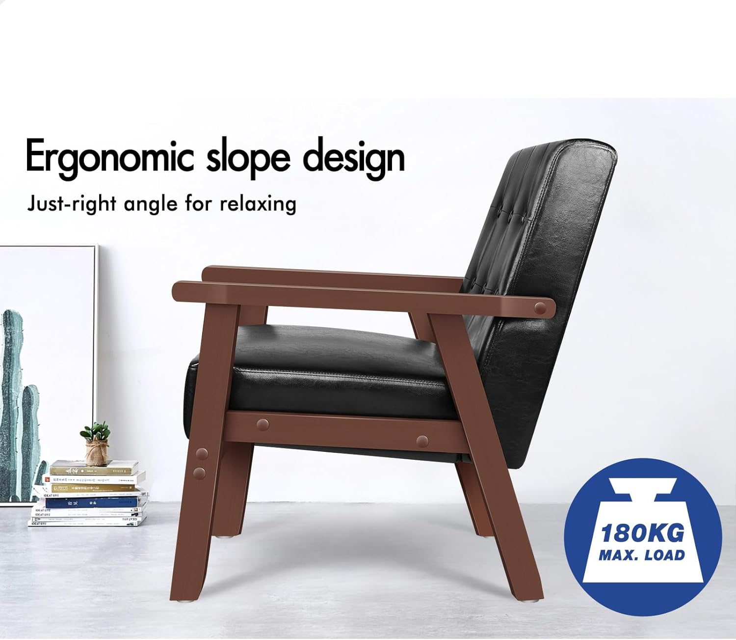 ALFORDSON Wooden Armchair Accent Chair with Solid Wood Frame Wooden Armrest, PU Leather Fabric Upholstery Cushion Lounge Sofa for Reading Bedroom Living Room, 180KG, Black image number 2