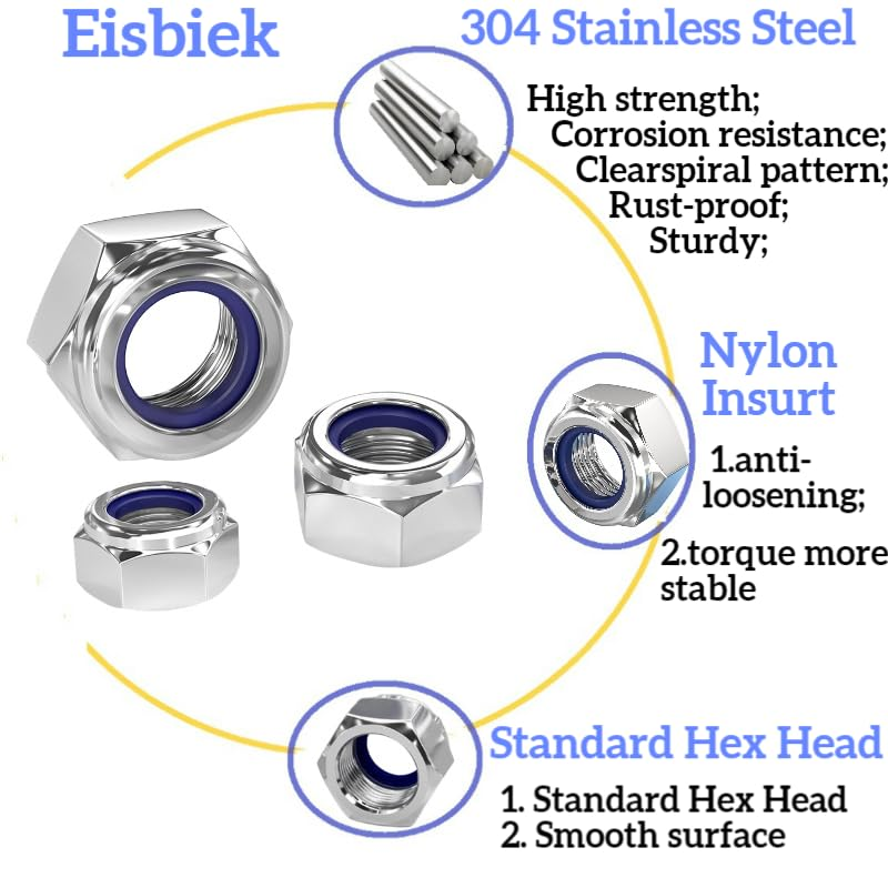 Locknuts Assortment Kit,M2 M2.5 M3 M4 M5 M6 M8 210PCS Metric Nylon Insert Lock Nuts Set,304 Stainless Steel Lock Nuts for Bolt (210 Set) image number 4