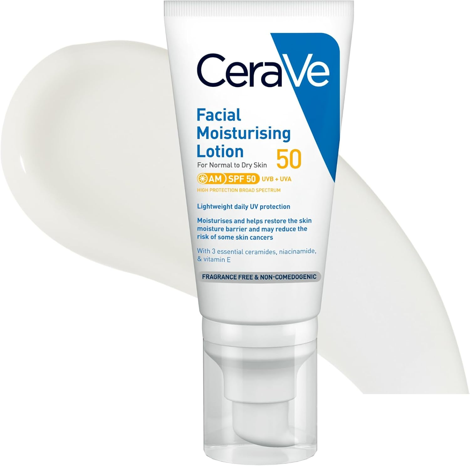 Cerave Facial Moisturising Lotion AM SPF50 52Ml, Sunscreen & Face Moisturiser 2-In-1 with UVA/UVB Protection, Ceramides + Hyaluronic Acid + Niacinamide + MVE Technology, Non-Greasy + Fragrance Free, Suits Sensitive Skin