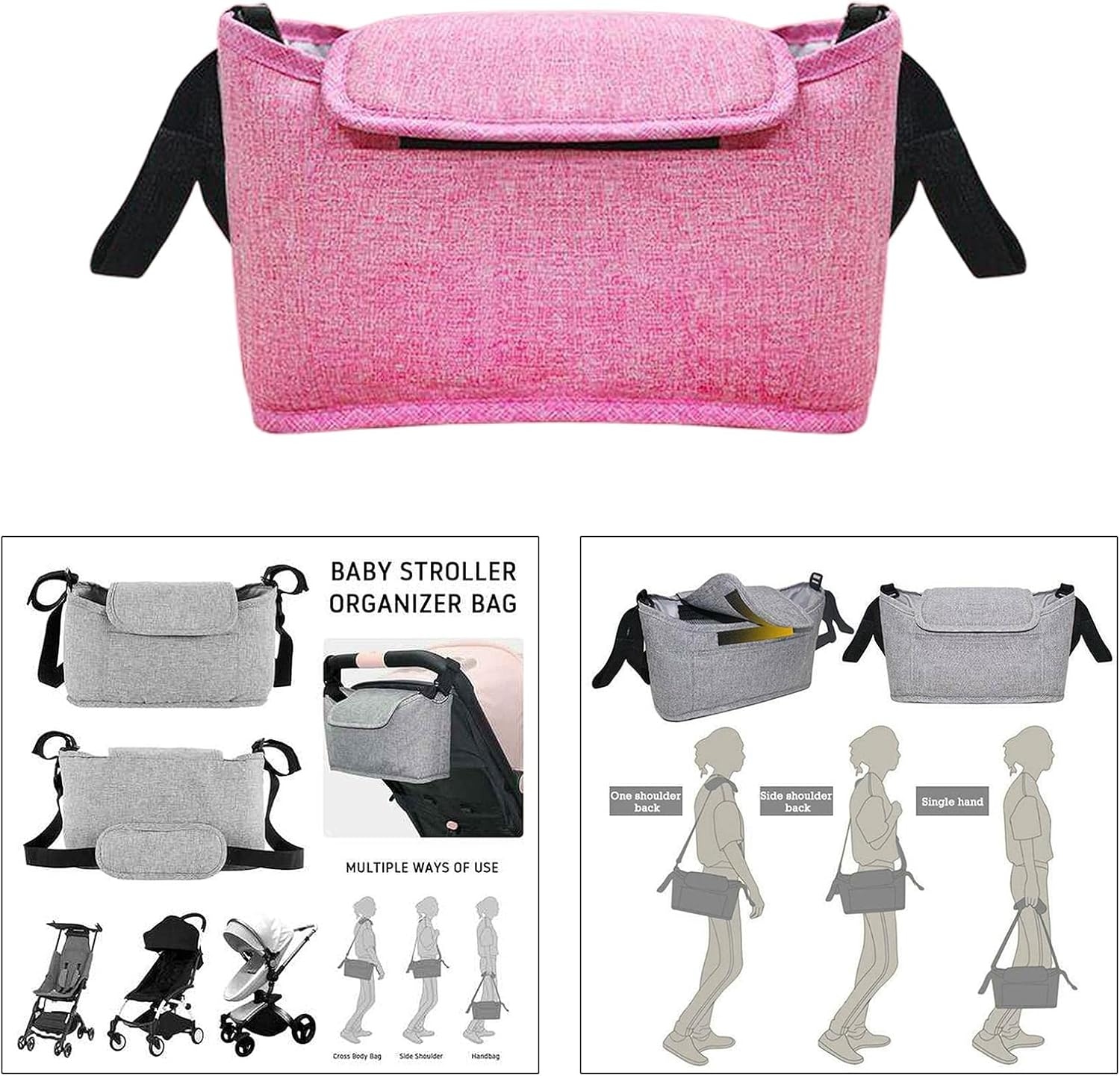 Shamjina Organizer Bag Large Capacity Pram Handle Storage Bag Diaper Bag - Pink, 30X17X12Cm - Pink image number 4