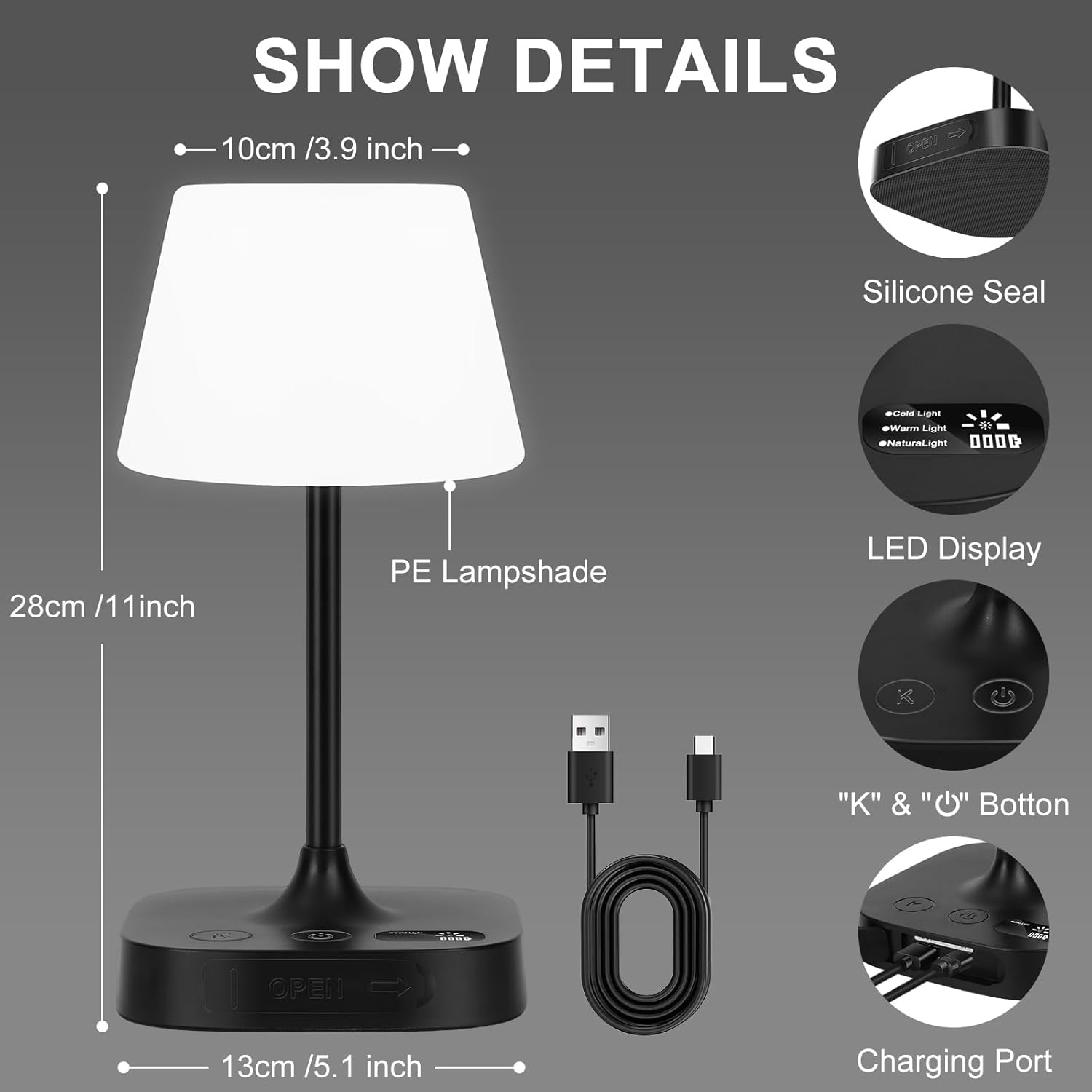 Webcem Rechargeable Table Lamp 8000Mah, IP65 Waterproof Shower Lamp, Cordless Battery Operated Bedside Lamp, 3 Colors & 5 Brightness Dimmable LED Display Portable Touch Lamp for Bathroom, Outdoor image number 5