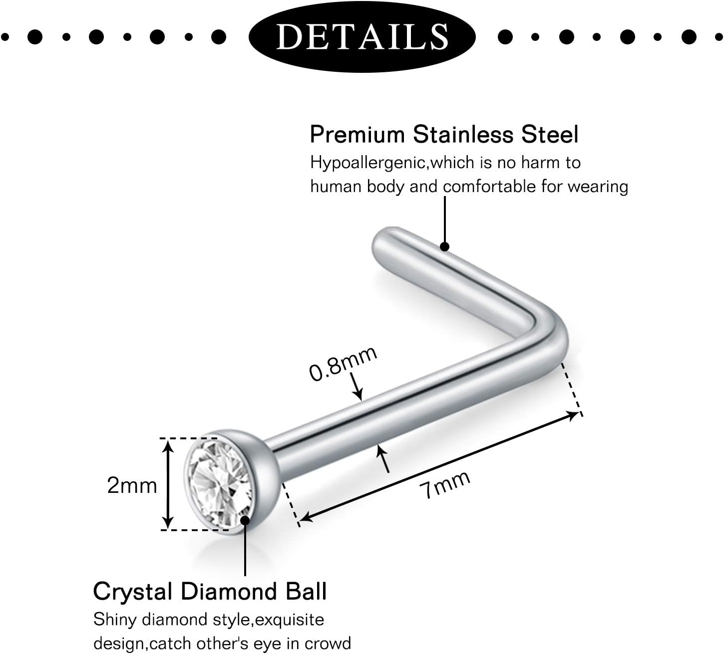 Mayhoop 20G Stainless Steel Nose Rings Hoop L Shape Nose Studs Nose Screw Bone Silver Rose Gold Black Rainbow Pack for Women Men 28Pcs - 2Silver image number 3