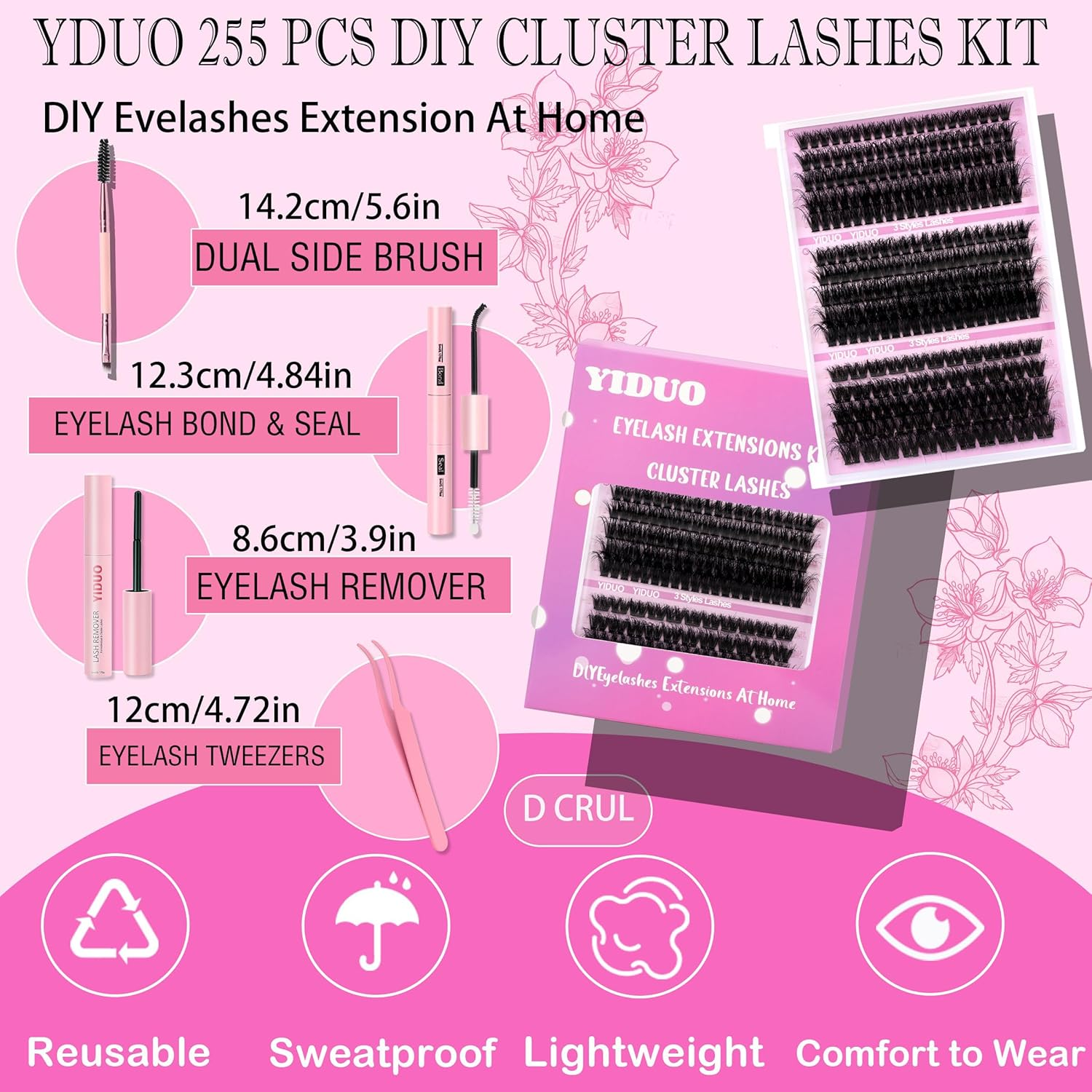 YIDUO Lashes Clusters Kit False Eyelashes Extensions Fluffy D Curl Wispy Individuals Fake Eyelashes, Volume Studio Effect, 255Pcs All-In-1 Pack with Glue |Tweezers |Removers |Eyelash & Eyebrow Brush image number 6