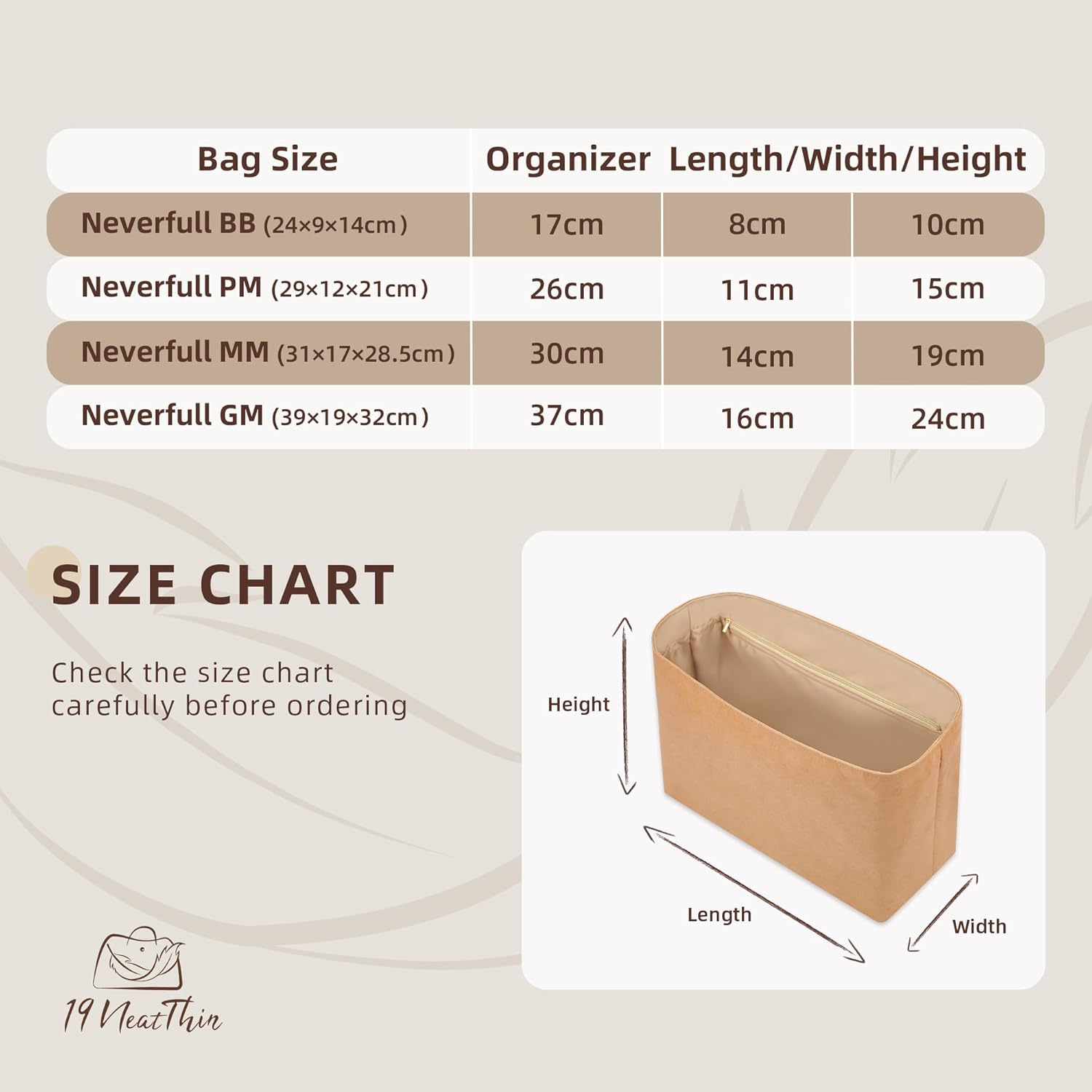 19 Neatthin Tote Bag Organiser Insert, Lightweight Insert Compatible with LV Neverfull MM, Waterproof Dupontpaper Surface and Silky Satin Lining(Chai,Mm) image number 4