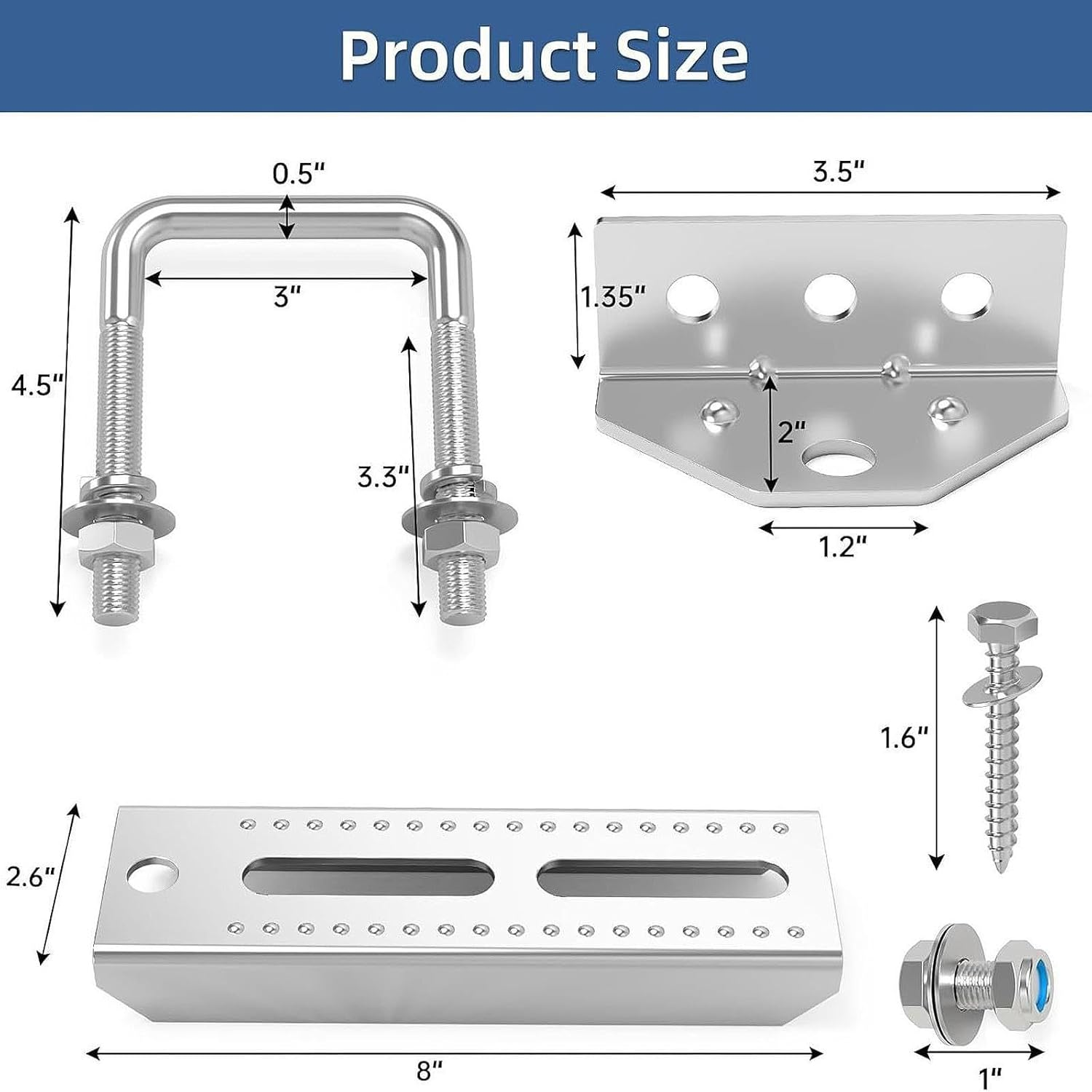 Generic 4Pcs 8Inch Boat Trailer Bunk Brackets Set Square U Bolts Spare Parts Heavy Duty Easily Install Professional with Hardware image number 2