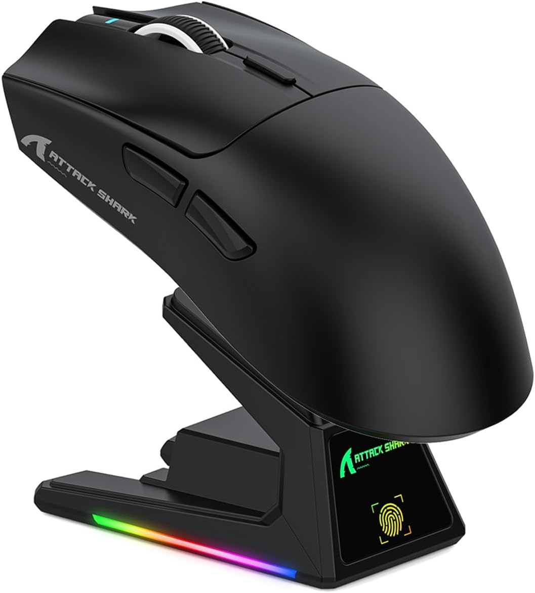 ATTACK SHARK X1 Superlight Wireless Gaming Mouse with RGB Magnetic Charging Dock, BT/2.4G/USB-C Wired Gaming Mouse, PAW3395PRO Sensor, 40000DPI, Office Mice for PC, Mac, PS5, Xbox - Black