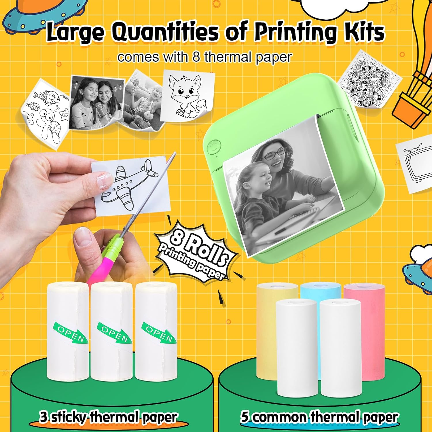 QYCHHJ Mini Printer for Iphone/Android/Tablet, Bluetooth Mini Thermal Printer Portable with 8 Rolls Thermal Paper, Inkless Sticker Printer for Study Notes Journal Memo Photo Picture, Green image number 3