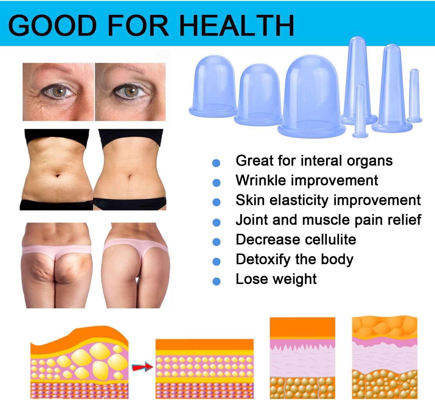 500-Miles anti Cellulite Cupping Therapy Set of 7 Silicone Vacuum Suticon Cups - Chinese Cupping Kit for Cellulite Body and Facial Massage Cupping Cup for Adults Home Use image number 4