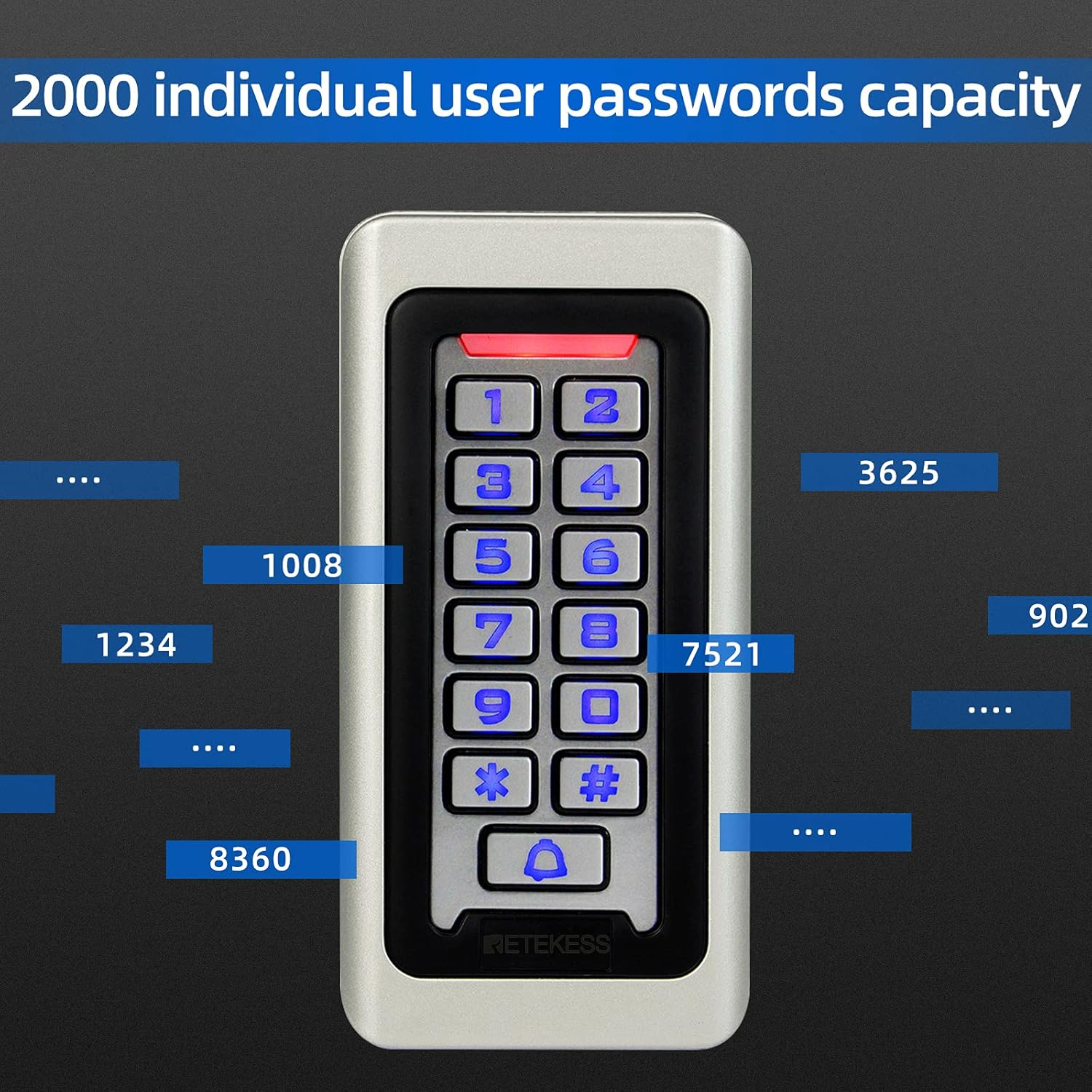Retekess Access Control Keypad Door Keypad Outdoor Waterproof IP68 Metal Case RFID 125Khz Keypad Single Door Stand-Alone with 2000 Users for Outdoor and Indoor Wiegand 26 Bit I/O (Silver)