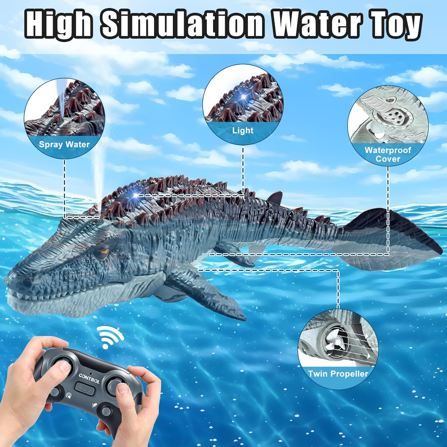 Remote Control Mosasaurus Dinosaur Toys for Kids, 2.4G Wireless Charging Simulation Dinosaur Spraying Shark Swinging with Light Mosasaurus Boys and Children Water Toy image number 3