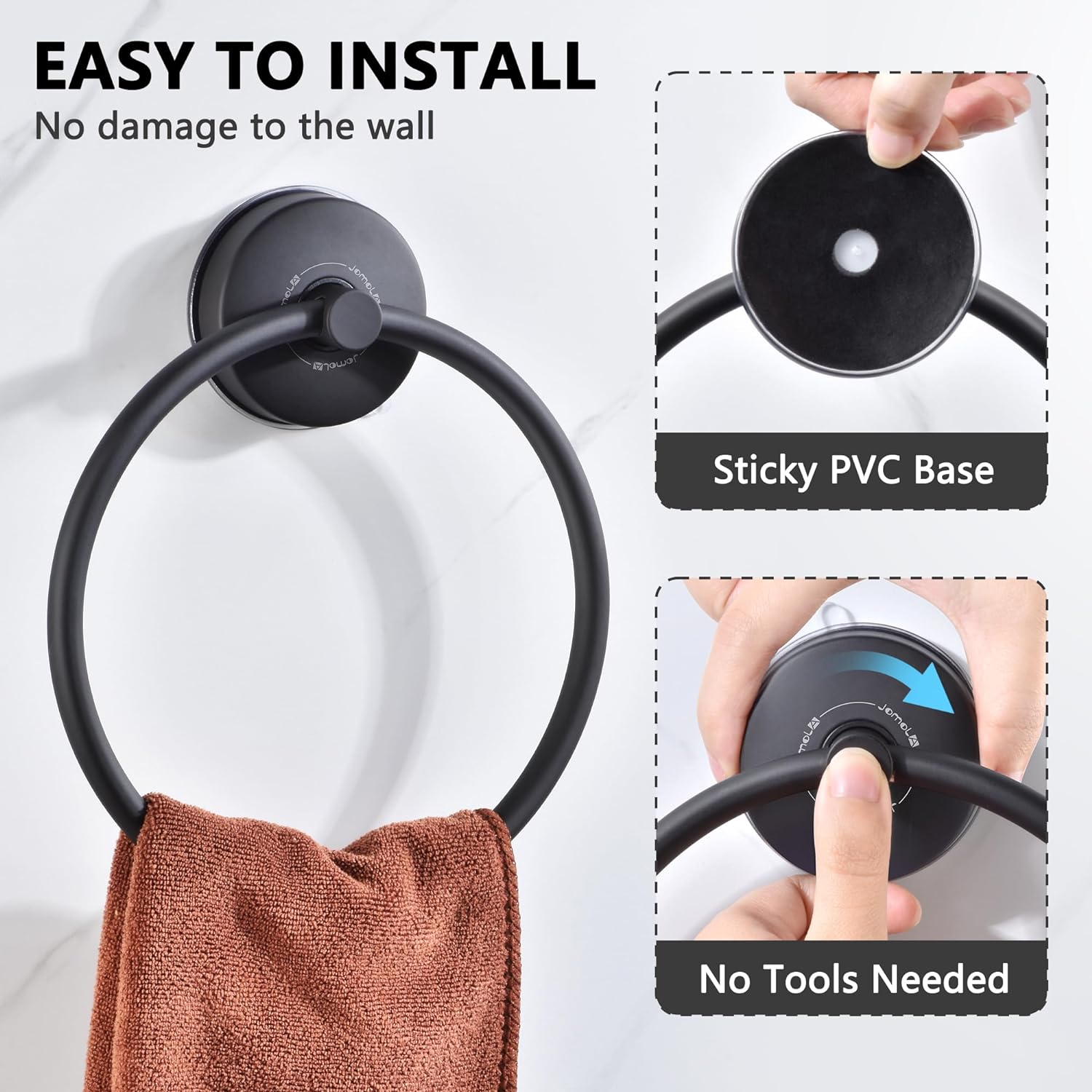 Towel Ring JOMOLA Suction Cup Bathroom Towel Holder Stainless Steel Hand Towel Storage Hanger for Kitchen Shower Bath Towel Rack Bathroom Accessories Wall Mounted Matte Black - Black image number 2