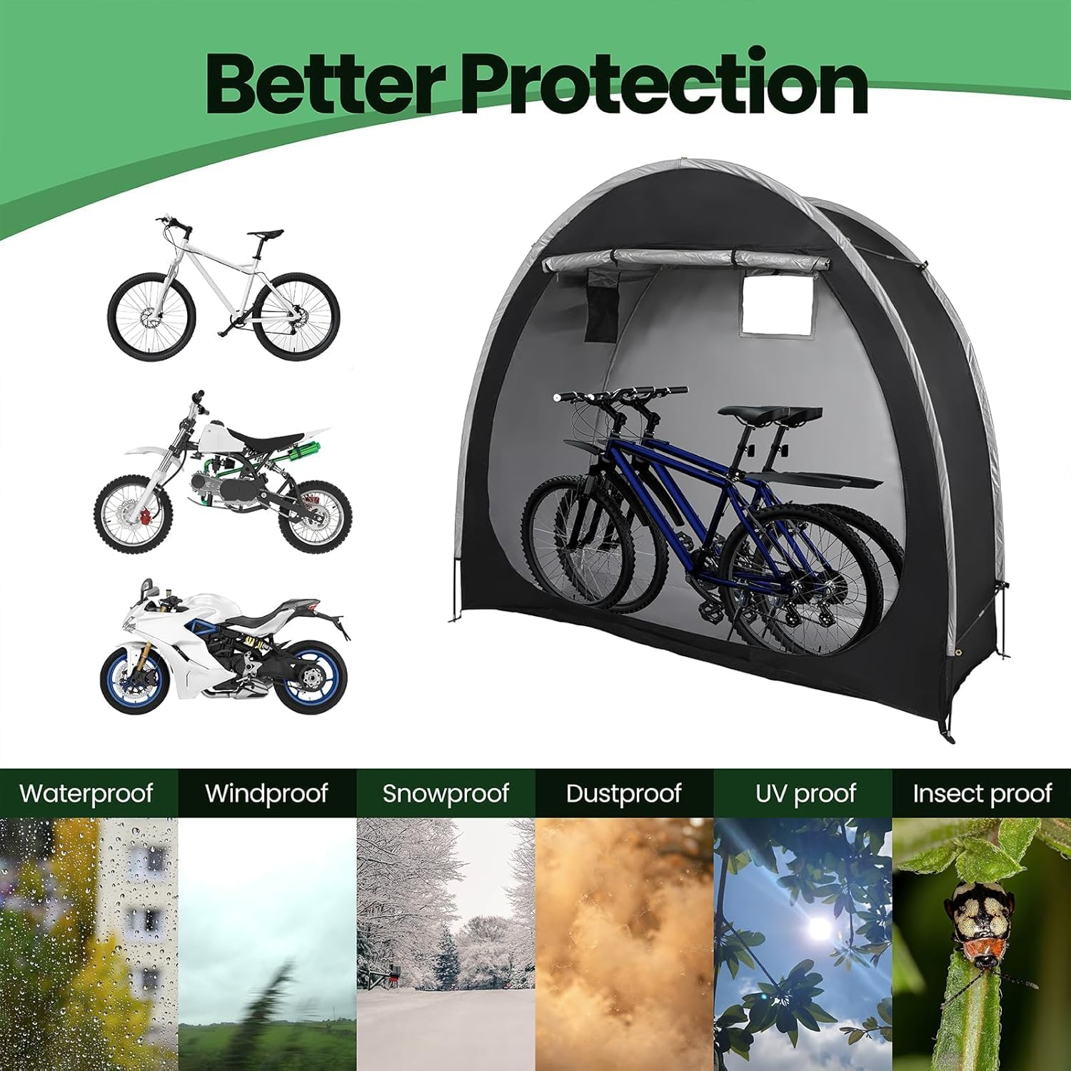 Bike Storage Tent Shed, Upgraded Portable Bicycle Storage Sheds with 210D Oxford Fabric PU5000 Waterproof, outside Bicycle Covers Shelter, for Home Garden, Bikes Motorcycle, Garden Tools (Black) - Black image number 3
