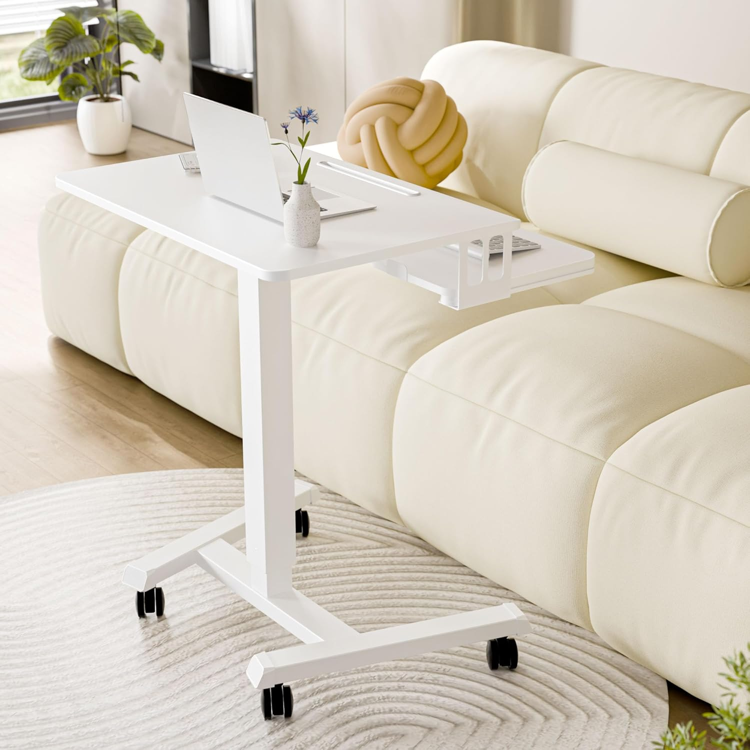 ERGOMAKER Mobile Standing Desk Pneumatic Adjustable Height 25.6 X 17.7 Inch Mobile Desk Adjustable Height on Wheels，Sit Stand up Desk Home Office Computer Desk, White + Dual image number 5