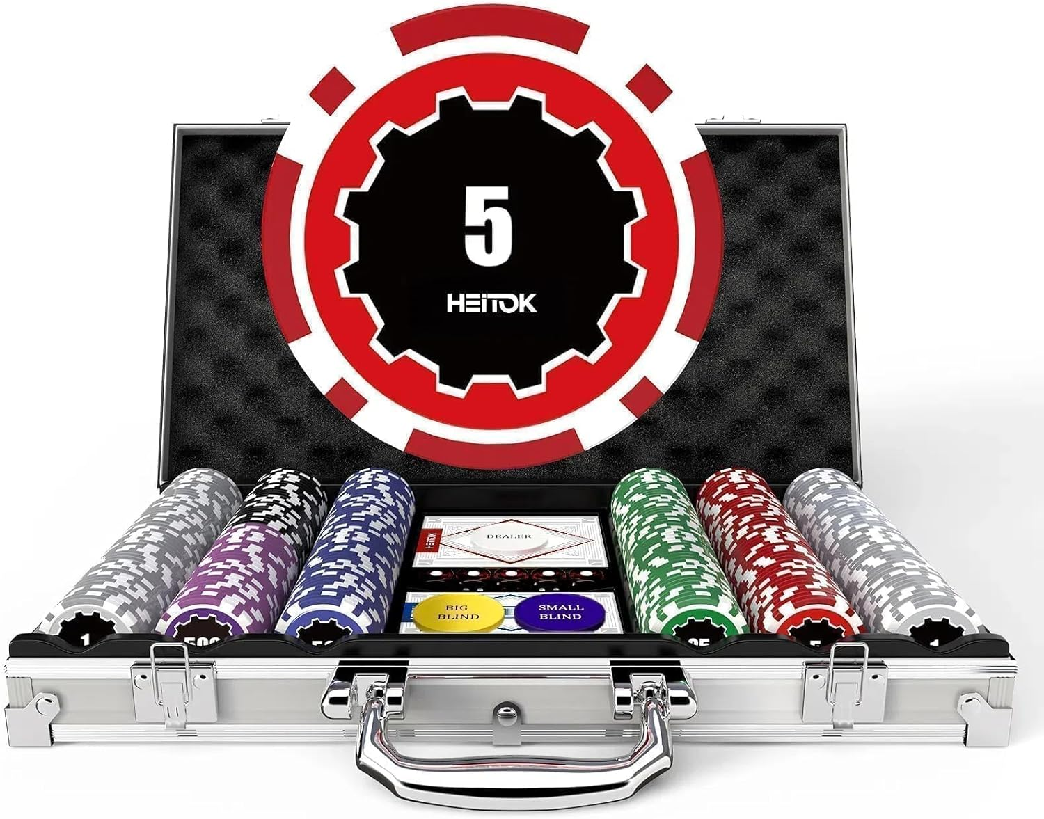 Poker Chips Set with Denominations, 300Pcs 11.5G Weighted Casino Chips, Aluminum Carrying Case, 2 Decks, 5 Dice & Dealer Buttons - for Texas Hold'Em, Blackjack, Family & Party Games image number 3