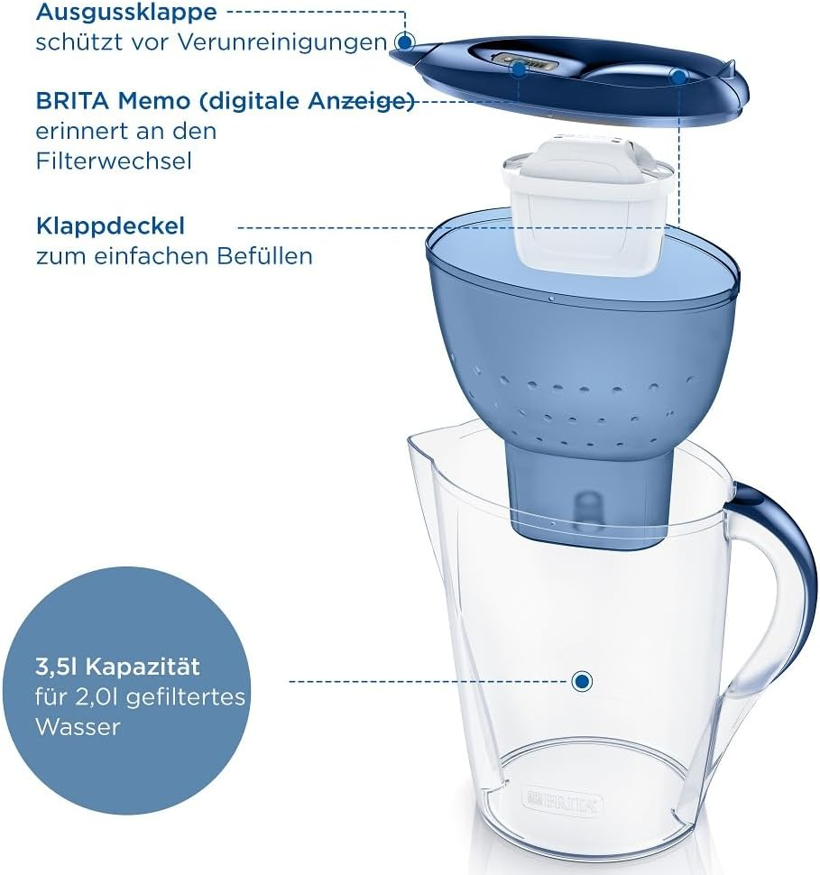 BRITA Marella XL Water Filter Jug Blue (3.5L) Incl. 1X MAXTRA PRO All-In-1 Cartridge - Large-Volume Jug with Digital LTI and Flip-Lid - Now in Sustainable Smart Box Packaging - Blue image number 5