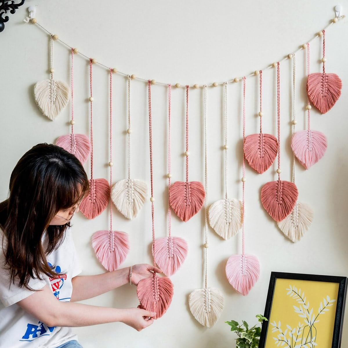 AIMALL Handwoven Cotton Leaf Wall Hanging Bohemian Tassel Tapestry for Kids Room, Bedroom, Living Room, Nursery D&eacute;cor 47.2 X 29.5 In image number 3