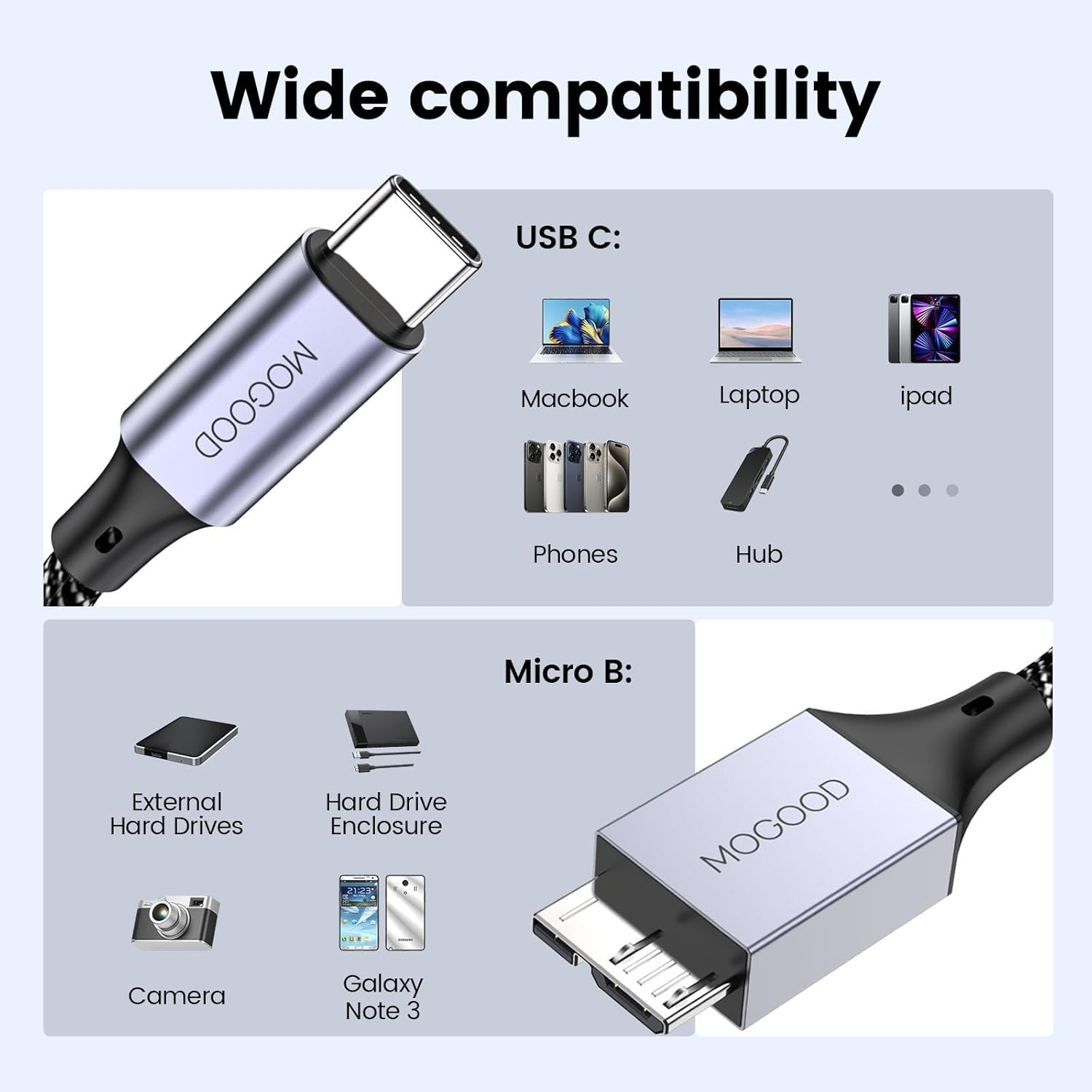 MOGOOD USB C Male to Micro B Cable(2M), Micro B to USB3.0 C Male Cable, USB C to Micro B Hard Drive Cable Compatible with Toshiba,Seagate,Wd External Hard Drive,Galaxy S8/S9/S10, Etc image number 3