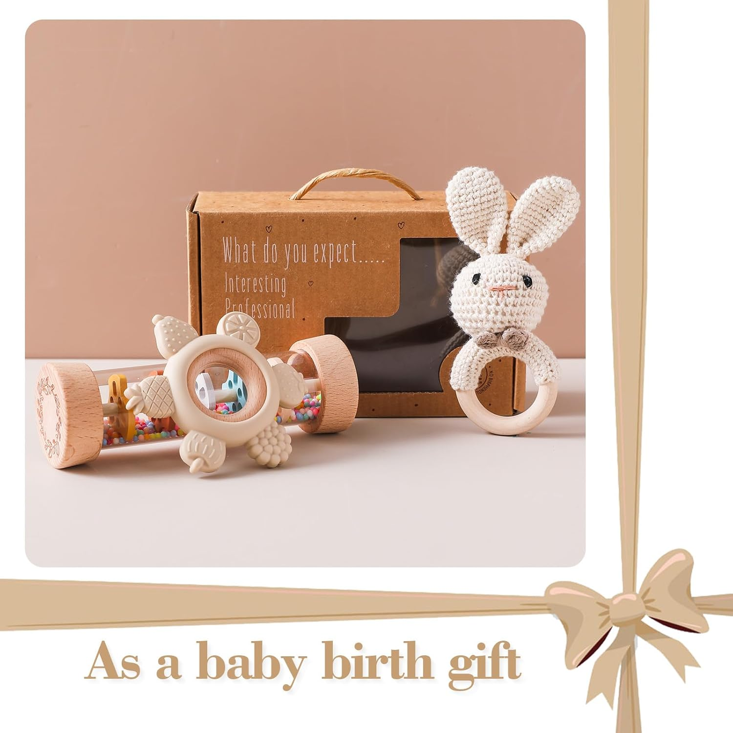 IEATFO Wooden Baby Rattle Set (3Pcs) - Crochet Rattle Rain Stick Toys, Wooden Montessori Toy for Newborn Infant Baby Rattles Set Toys 3-6-12 Months (Bunny) image number 5