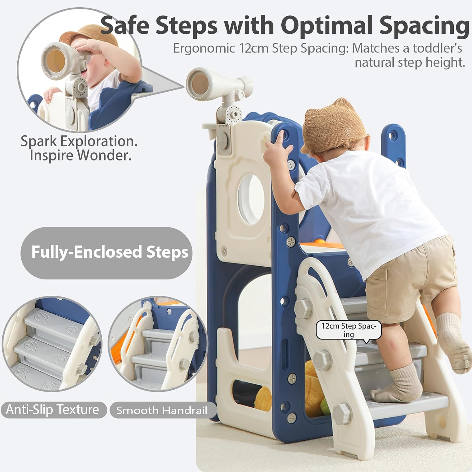 Kids Slide Set Toddler Slide Playset Dinosaur Bus-Themed Includes Toy Telescope Tunnel Storage Basketball Hoop & Ball Extra Long Slides for Kids Indoor Outdoor Playground (Yellow-8In1) image number 4