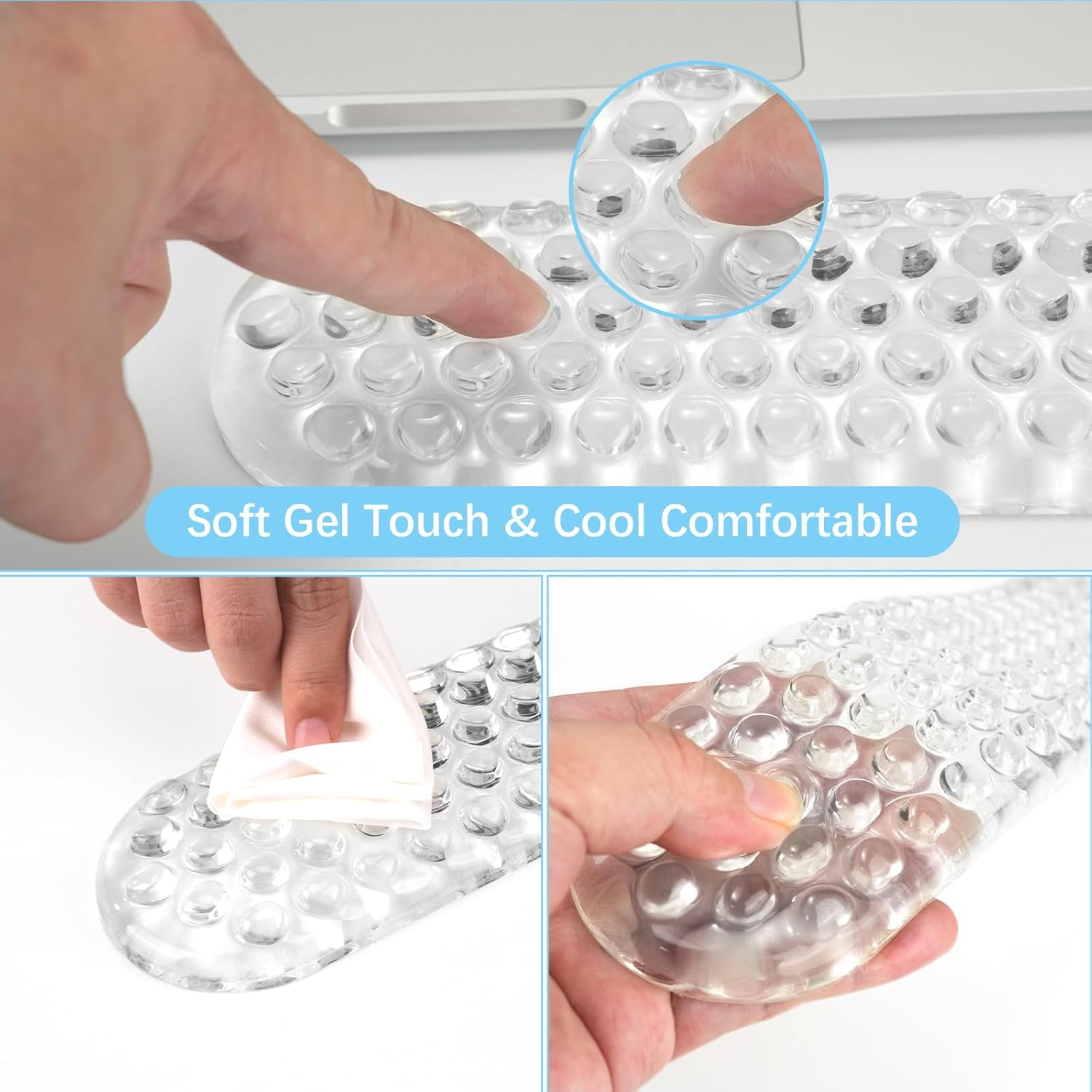 MOSISO Gel Wrist Rest Support for Mouse Pad&Keyboard Set, Ergonomic Massage Keyboard&Mouse Pad Set, Non-Slip Base Pain Relief&Soft Cooling Gel Computer Easy Typing Pad for Home/Office, Transparent - Transparent image number 4