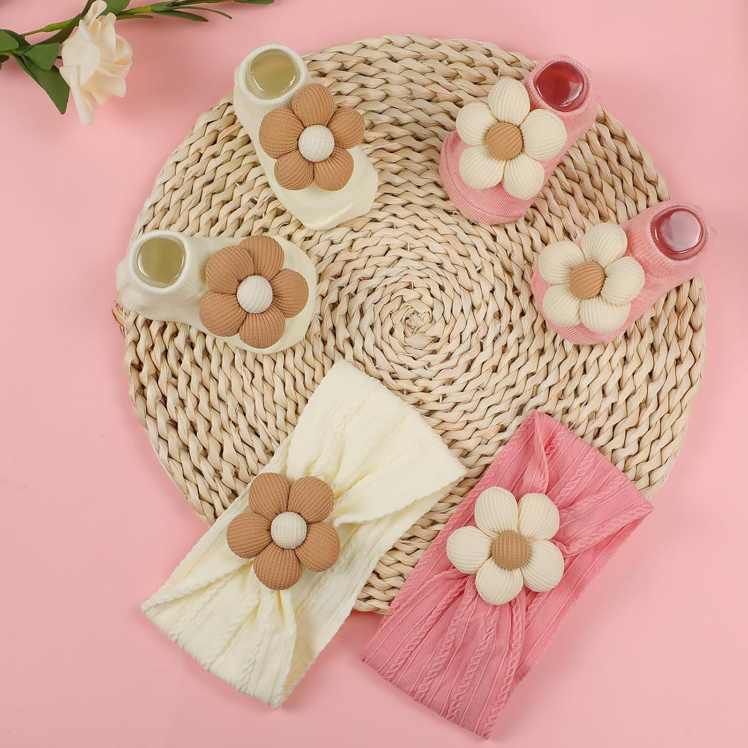 Baby Girl Headbands and Socks,Non-Slip Grips Socks Flower Soft Hairbands Hair Accessories for Infant Toddler Kids (US, Age, 6 Months, 12 Months, Pink Beige) image number 2