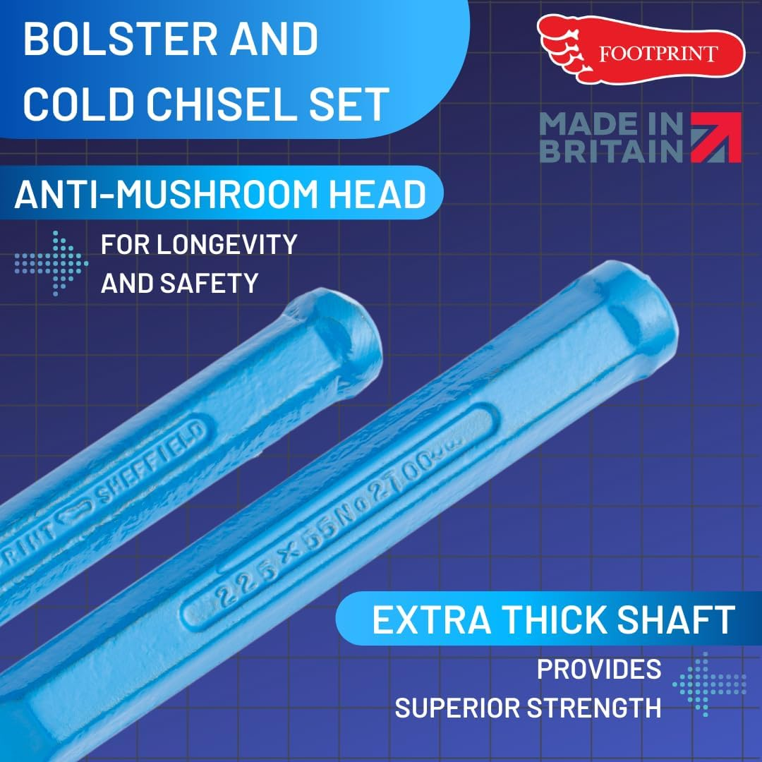 Footprint Small Bolster and Cold Chisel Set - Small Bolster (9"X21/4", 230X57Mm) and Cold Chisel (10X3/4", 250X19Mm) - Made in Sheffield, Britain - Forged from Head to Blade - Hardened Cutting Edges image number 3