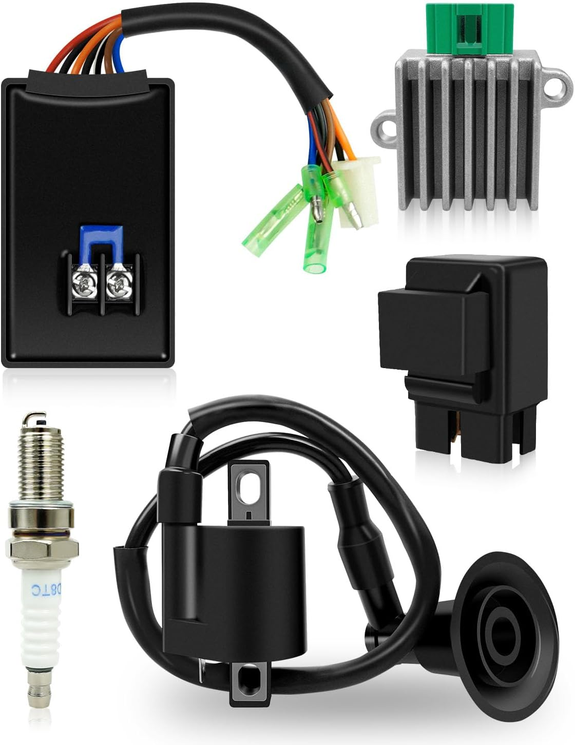 5PCS CDI Box Ignition Coil Kit Fit for Polaris Sportsman 90 Scrambler 90 50 Predator 90 50 2001-2007 with Voltage Regulator Rectifier Starter Relay Solenoid and Spark Plug image number 4