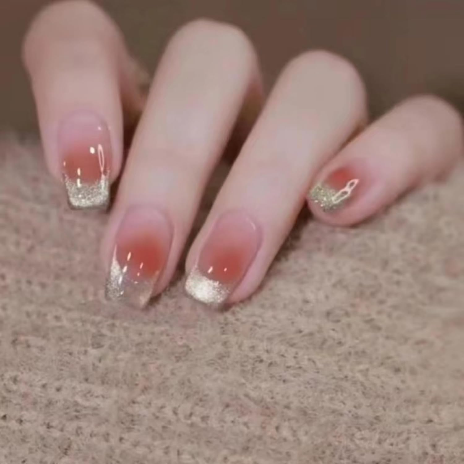 KAVI' S 24Pcs French Tip Stick on Nails Cat Eye Press on Nails Nude Gradient Glitter Fake Nails Ballerina Acrylic False Nails Jerry Glue for Women Girls Nail Art