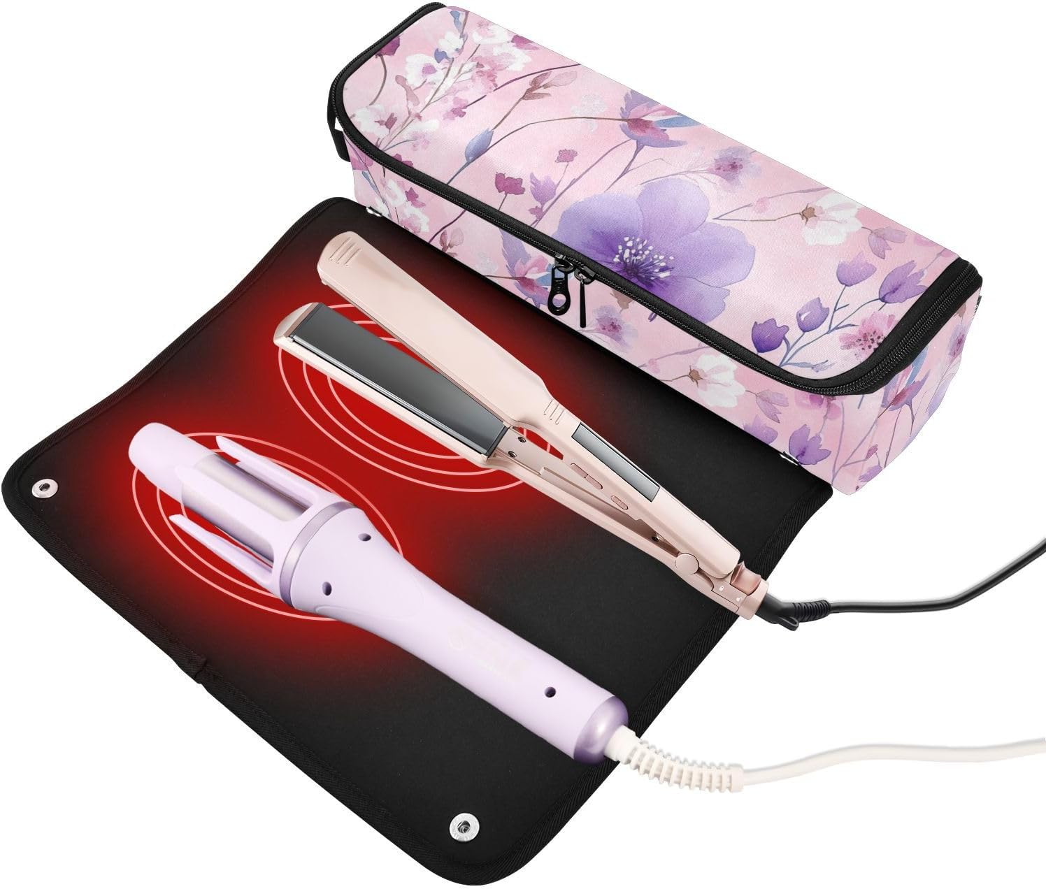 Hair Tool Travel Bag for Women with Removable Heat Resistant Mat Large Hair Straigheners Travel Case for Flat Irons, Straighteners, Curling Irons, Flowers Peach Purple Travel Bag for Hair, Flowers image number 1