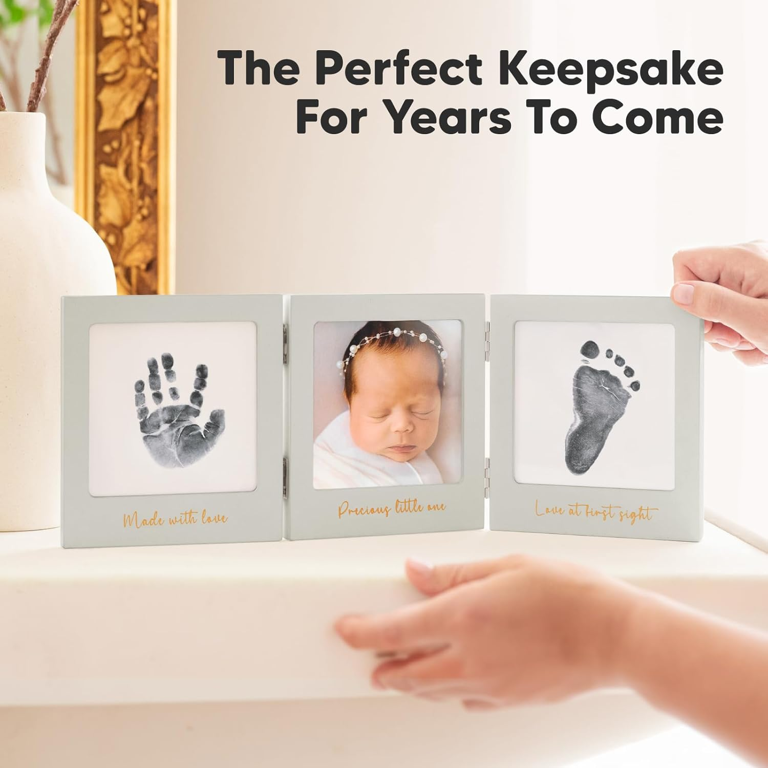 Inkless Baby Hand and Footprint Kit for Newborn - Baby Footprint Kit Maker, Baby Keepsake Picture Frame, Baby Shower Gifts, Pet Paw Print Kit, Clean Touch Baby Inkless Print Kit (Cloud Gray/Gold) - Cloud Gray/Gold image number 4