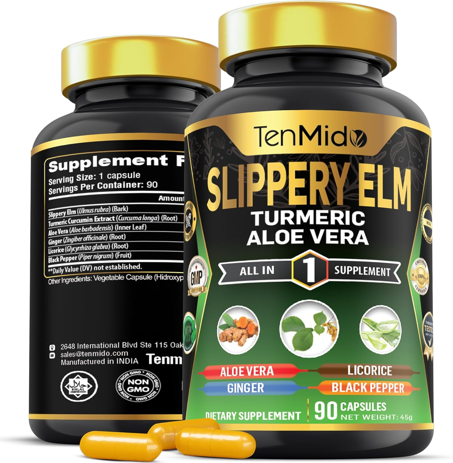 Tenmido Slippery Elm Supplements - 6In1 with Turmeric Curcumin, Aloe Vera, Ginger, Licorice & Black Pepper - Digestive Health - 90 Vegan & Non-Gmo Capsules image number 1