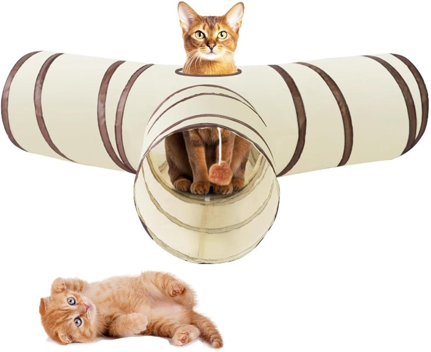 Cat Tunnel, Collapsible Tube with 1 Play Ball Toys, 3 Ways Tunnels for Indoor Cats, Puppy, Kitty, Kitten, Rabbit，Ensures Endless Entertainment for Your Furry Friends（Brown） image number 2