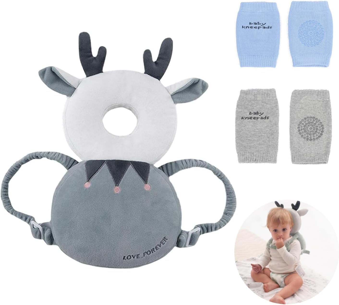 Adjustable Baby Head Protector with Safety Cushion &ndash; Soft Head Protection Backpack with 2 Pairs of Knee Pads for Crawling and Walking Infants and Toddlers (Mesh Deer, Blue) image number 3