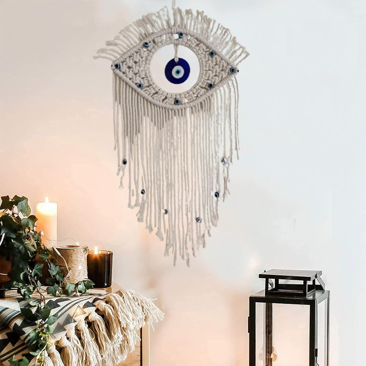Bohemian Hand-Woven Blue & Evil Eye Wall Art|Artisan Macram&eacute; Bedroom/Dorm Decor|Protective Spiritual Hanging with Cotton Tassels|Boho Home Gift image number 6