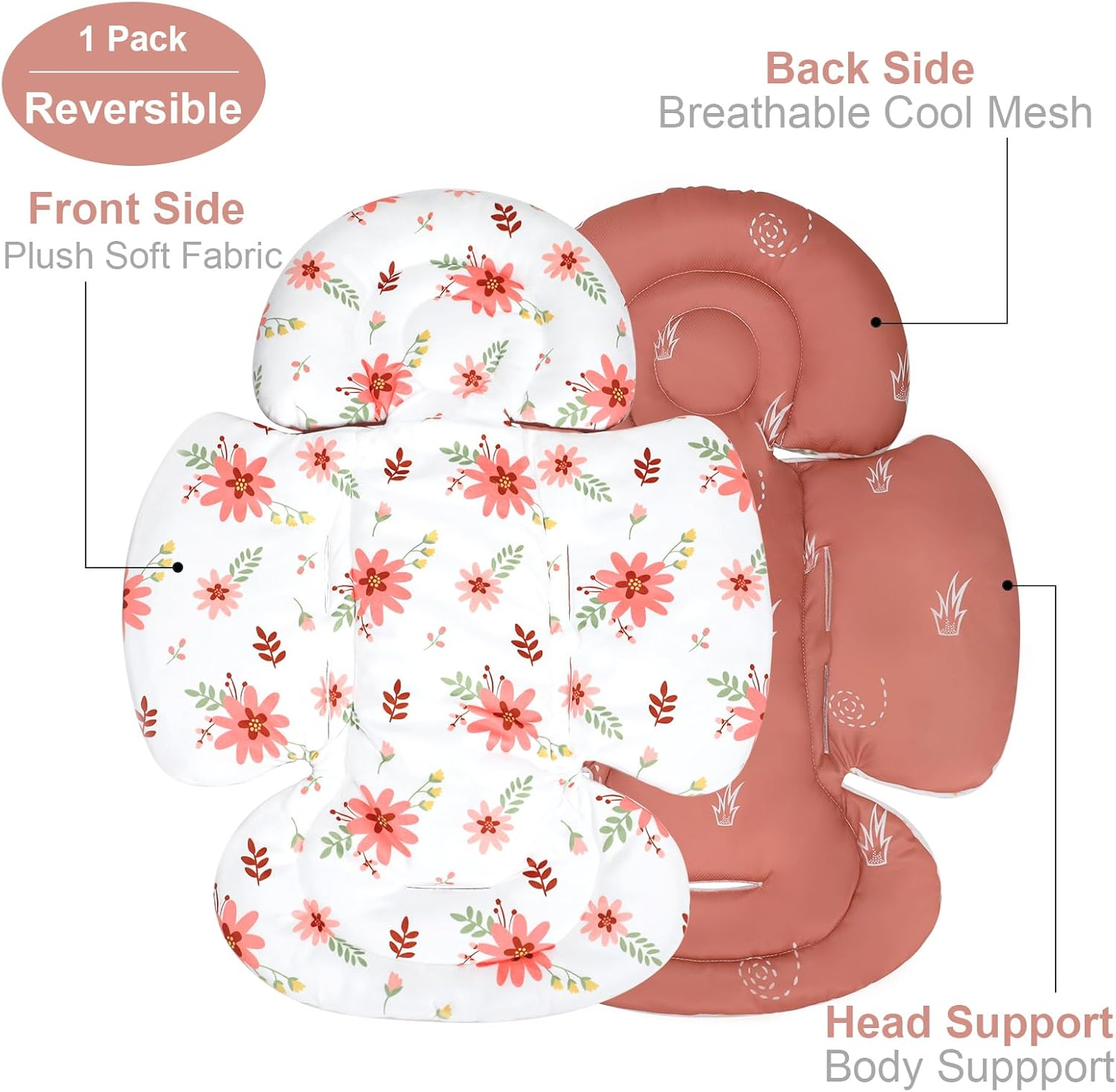 KAKIBLIN Infant Car Seat Insert, Baby Car Seat Cushion, Car Seat Head Support for Infant,Breathable Reversible Carseat Insert Support for Newborn Stroller, Baby Swing, Bassinets, Pushchair (Pink) - Grey image number 2